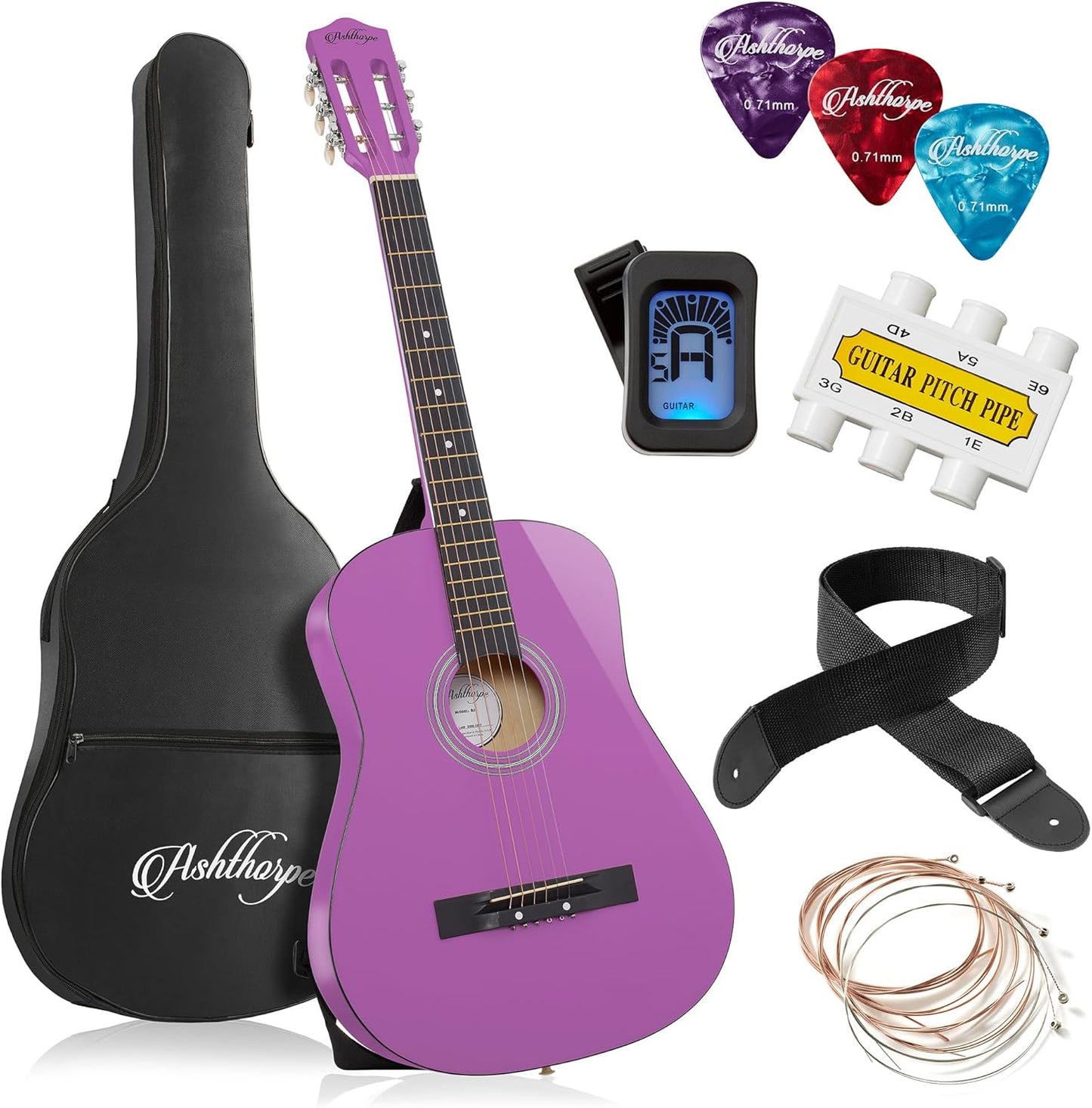 Ashthorpe 38-inch Beginner Acoustic Guitar Package (Purple), Basic Starter Kit w/Gig Bag, Strings, Strap, Tuner, Pitch Pipe, Picks