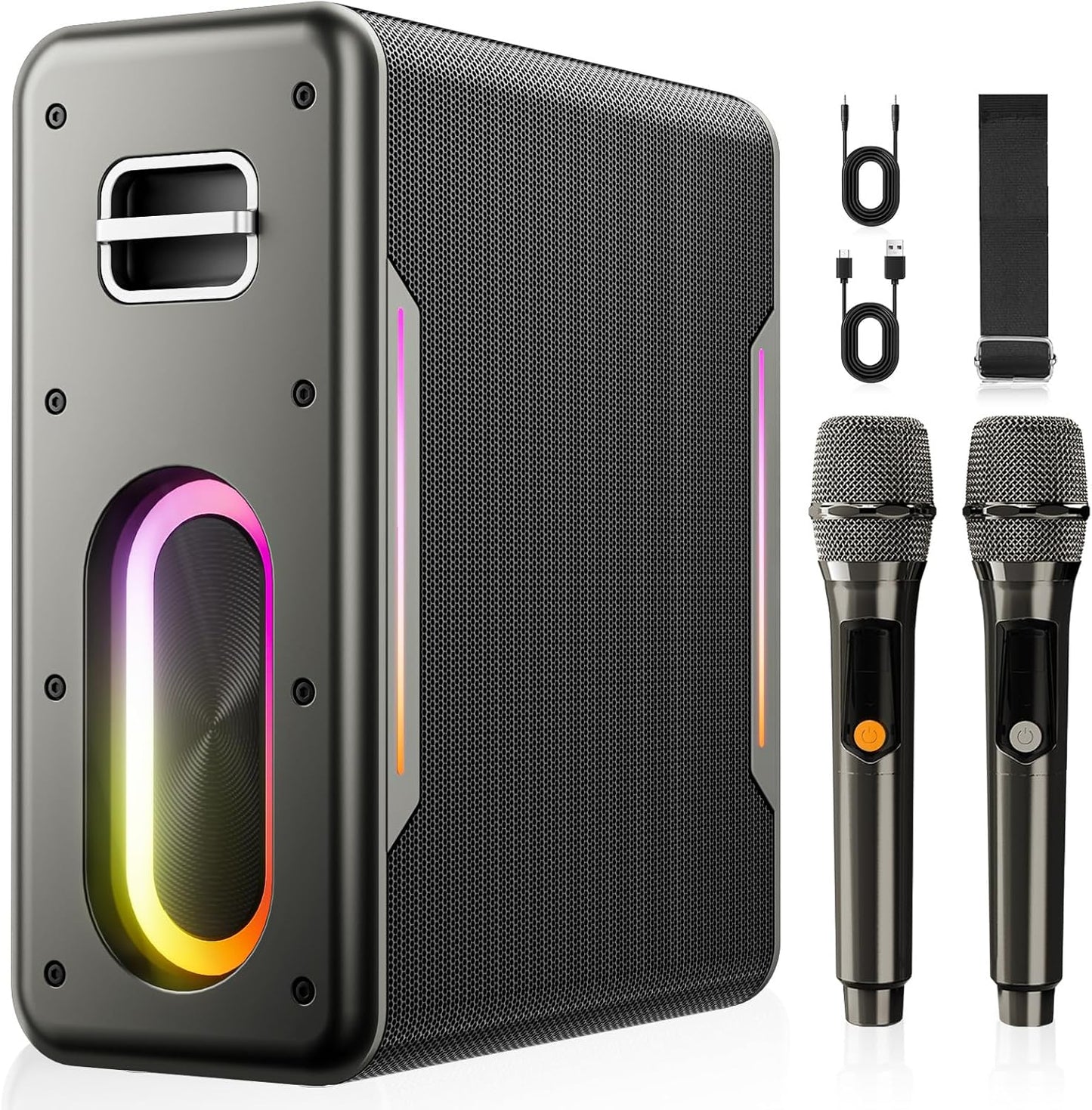 Karaoke Machine with Two Wireless Microphones, Powerful Portable Bluetooth Speaker for Adults & Kids, PA System with 2 Voice Mode, LED Lights, Supports BT/TWS/AUX/USB/TF for Party (Black+Sliver)