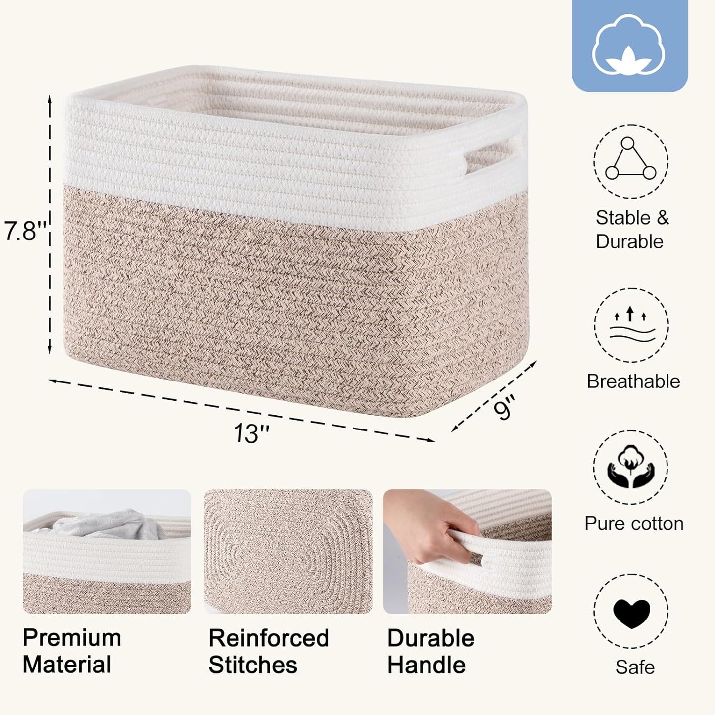 4 Pack Storage Baskets for Organizing, Woven Baskets for Shelves - Perfect for Toys, Books, Towels, and Clothes, Durable Gift Basket Bins Toy Storage, 12.7''Lx9''Wx7.8''H, Brown & White