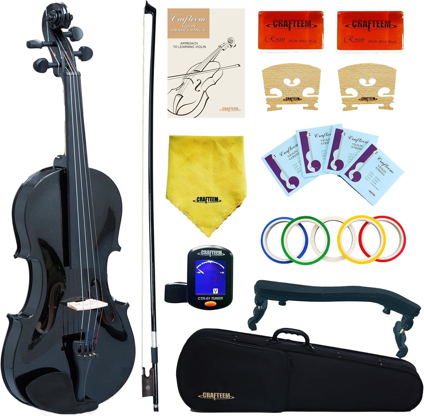 1/4 Fiddle Black Colored Premium Violin Outfit for Beginners Adults Kids With 5 Color Fingering Tape- Handcrafted Student Beginner Violin.(Black, 1/4)