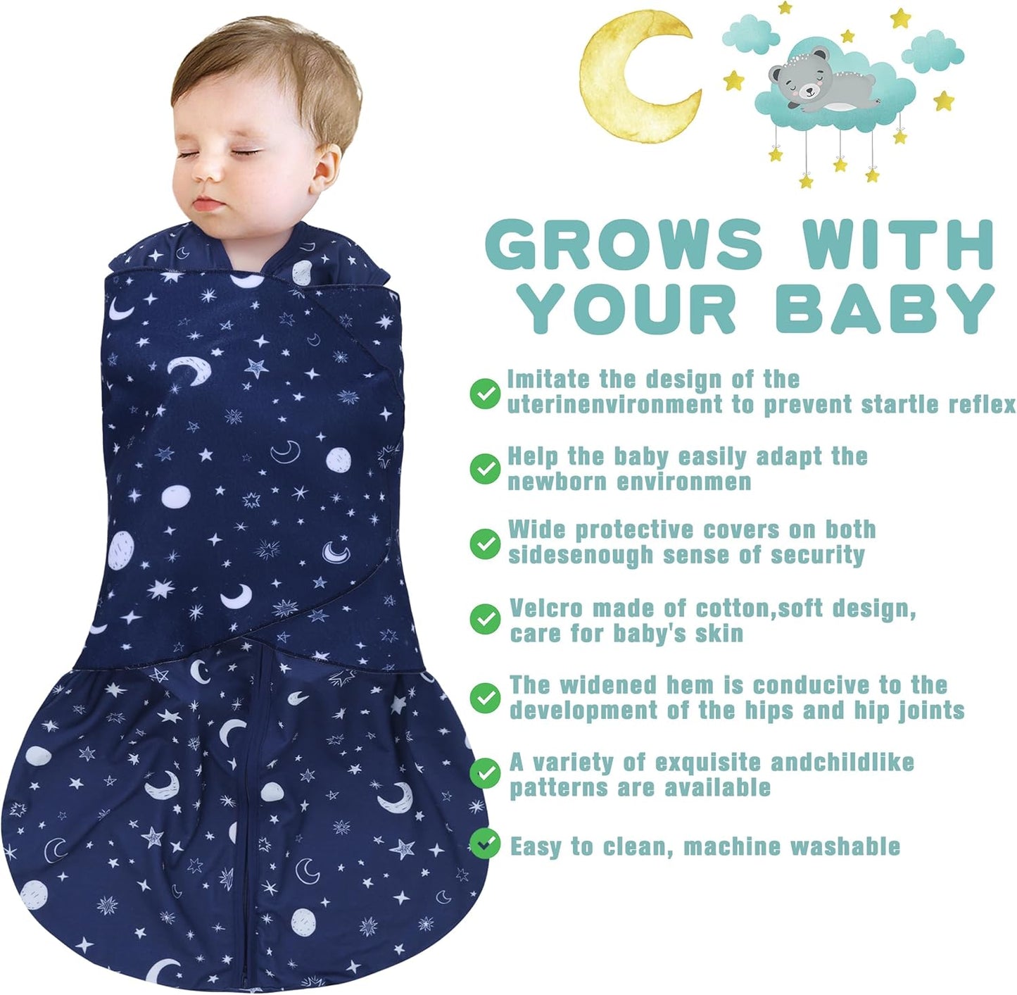 Newborn Sleep Sack Baby Swaddle,Swaddle me 0-3 Month,3-Way Adjustable Wearable Blanket,100% Rayon Cotton Swaddling Sleeping Bag，TOG 0.5 (Starry Sky, 0-3 Months)
