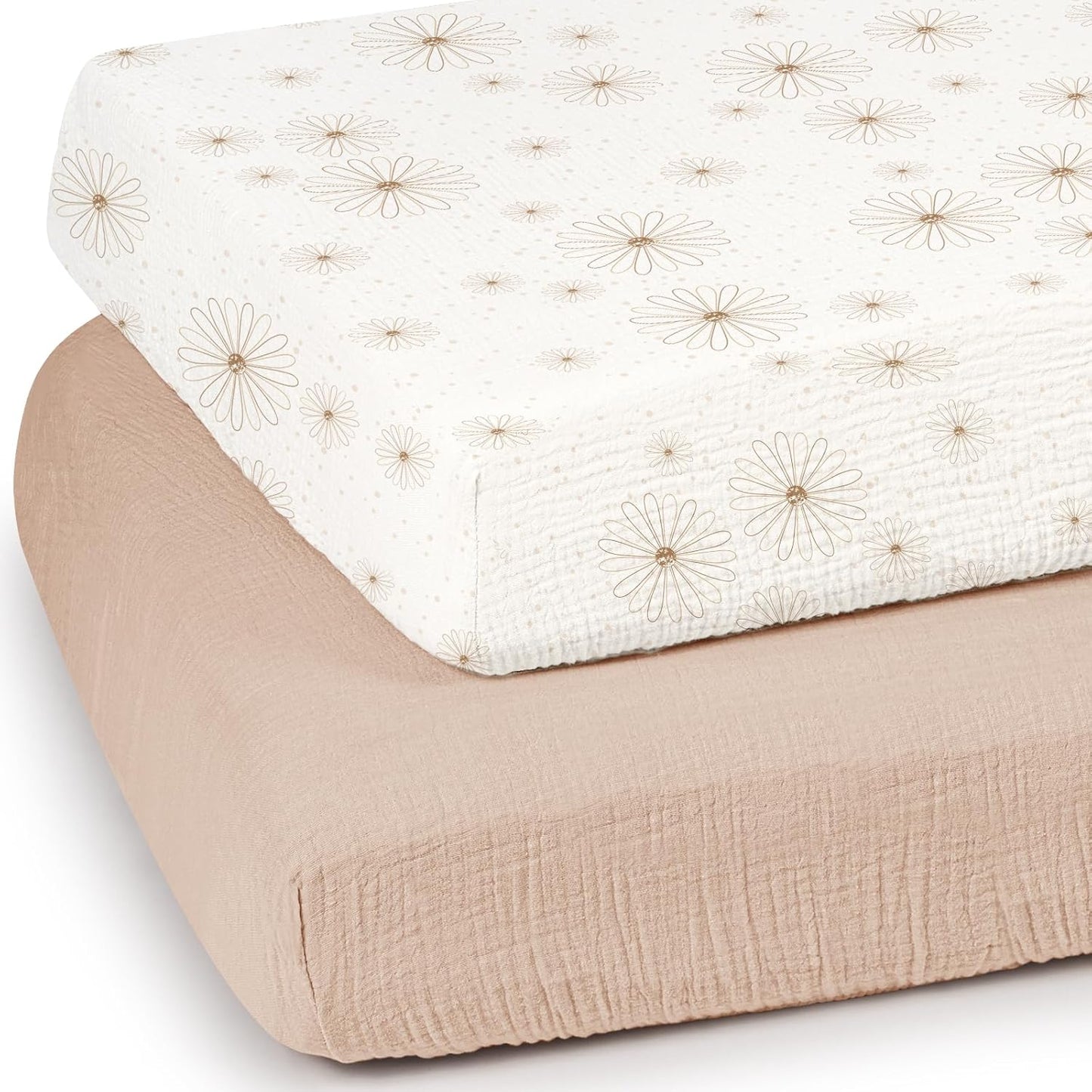 lulumoon Baby Muslin Crib Sheets - Toddler Cotton Fitted Crib Sheets Neutral for Boys and Girls 2Pack (Nudepink Daisy, Crib)