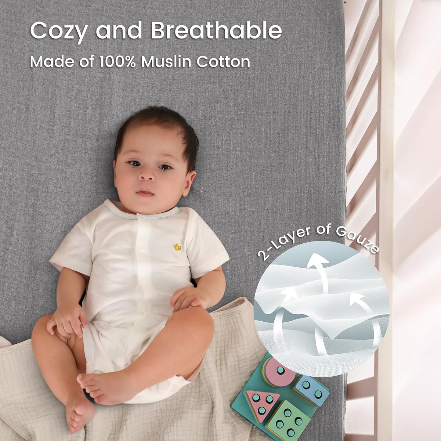 david's kids Muslin Crib Sheets for Boys Girls, 2 Pack 100% Cotton Soft Breathable Fitted Baby Sheet Set, 28x52 Inch Fits Standard Crib and Toddler Mattresses, Beige & Grey