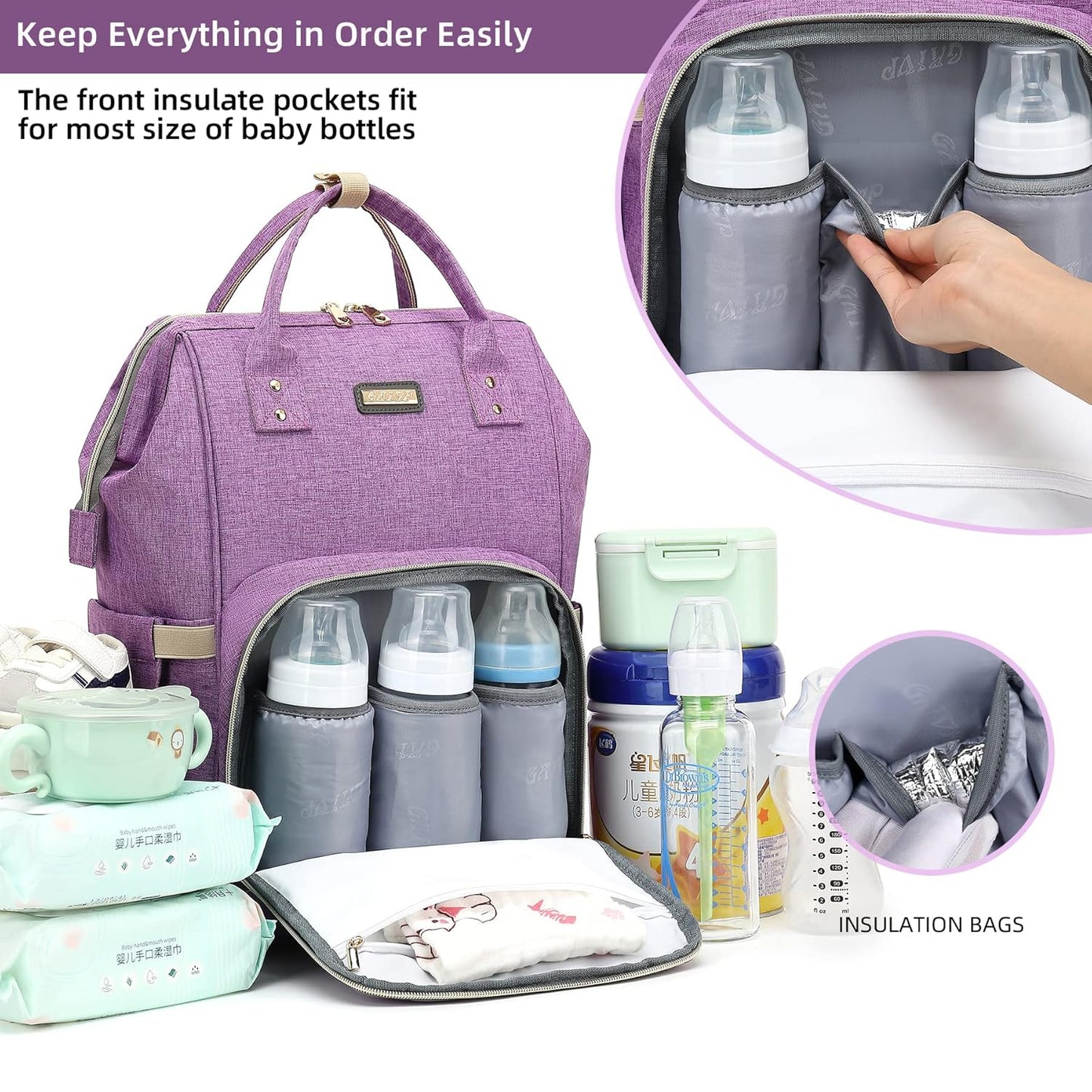 Diaper Bag Backpack, Diaper Bags for Baby Girls Boys, Baby Bags for Moms Dads, Nappy Changing Bag with Insulated Pockets,Multi-functional Waterproof Backpack with Stroller straps-Purple