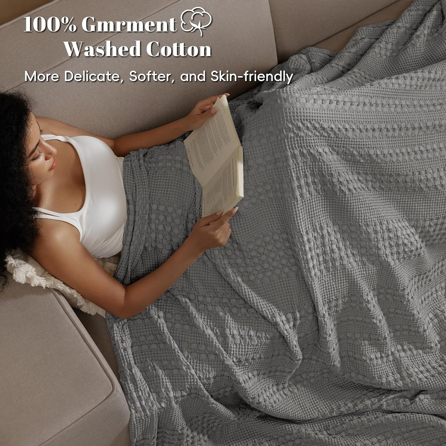 PHF 100% Cotton Waffle Weave Blanket Queen Size, Soft Lightweight Breathable Cozy Summer Blankets for Bed, Luxury Aesthetic Woven Bedding for Home Decor, 90"x90", Dark Grey