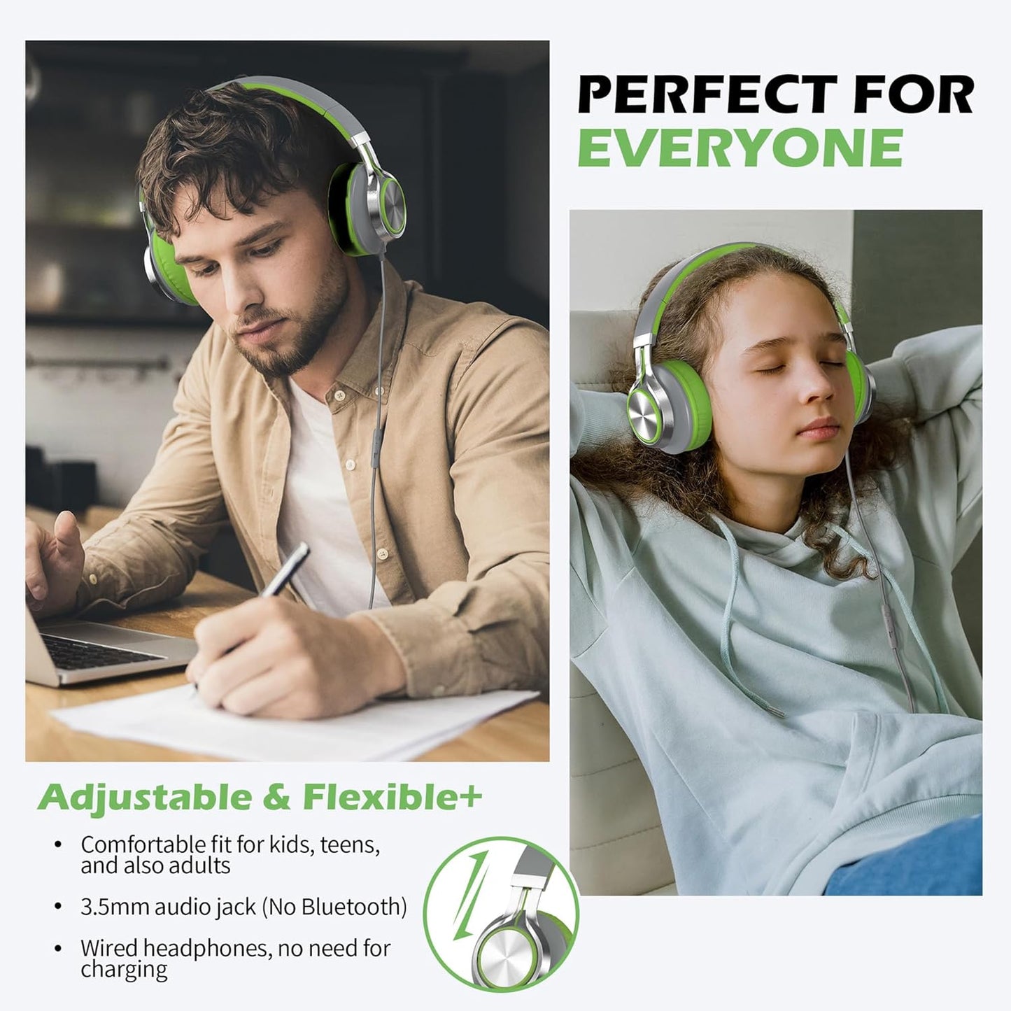 AILIHEN C8 Headphones Wired, On-Ear Headphones with Microphone and Volume Control, Corded 3.5mm Headset for Boys Girl School Smartphones Chromebook Laptop Computer Tablets Airplane Travel (Grey/Green)