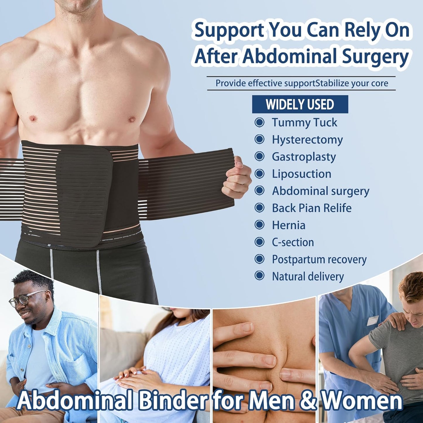 Abdominal Binder for Post Surgery & Postpartum Recovery, Abdomen Hernia Support Belt for Women & Men (Black, X-Large)