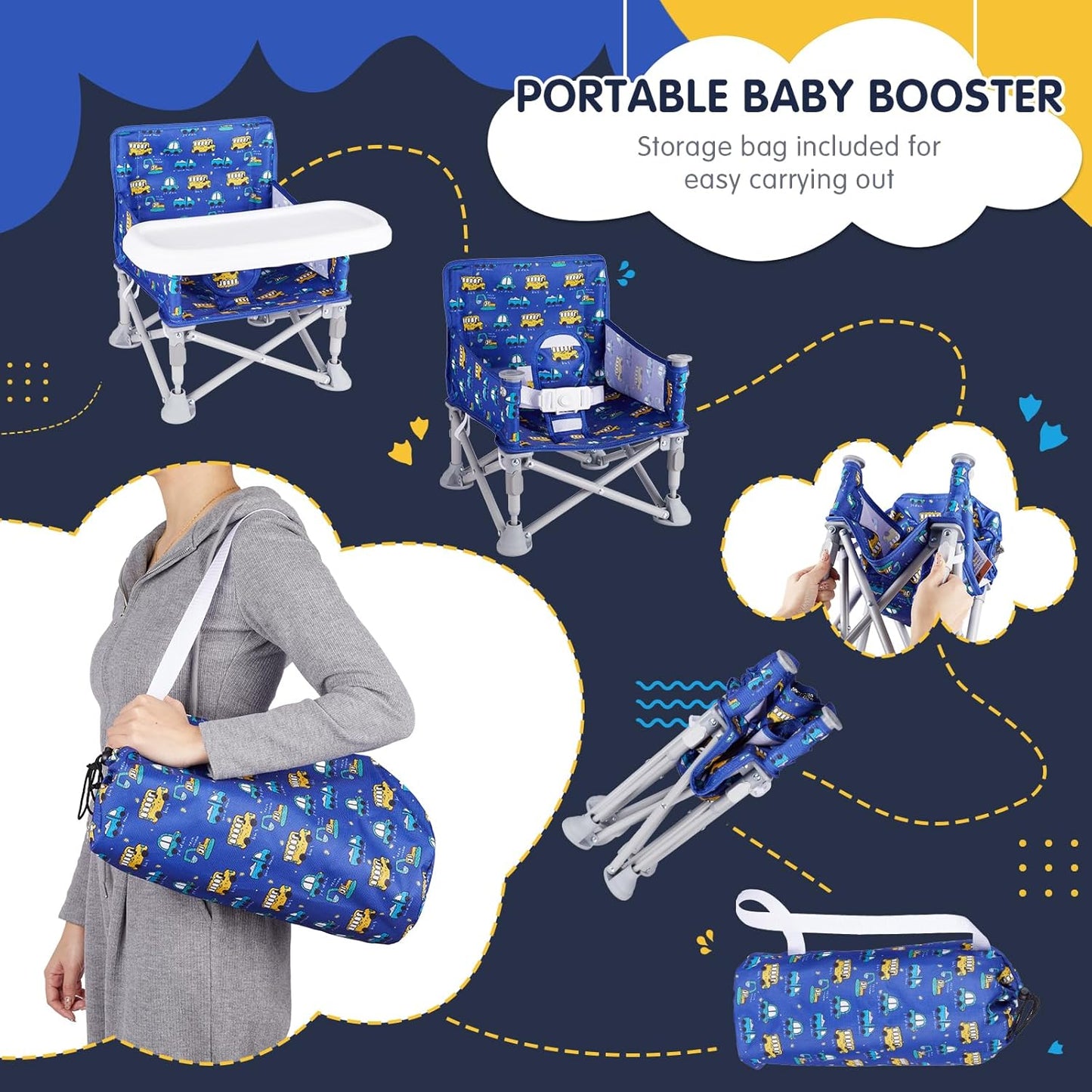 Portable Booster Seat, Toddler Baby Seat with Tray for Dining Table Compact Floor Chair for Camping Lawn Beach Babies Travel 6-36 Months