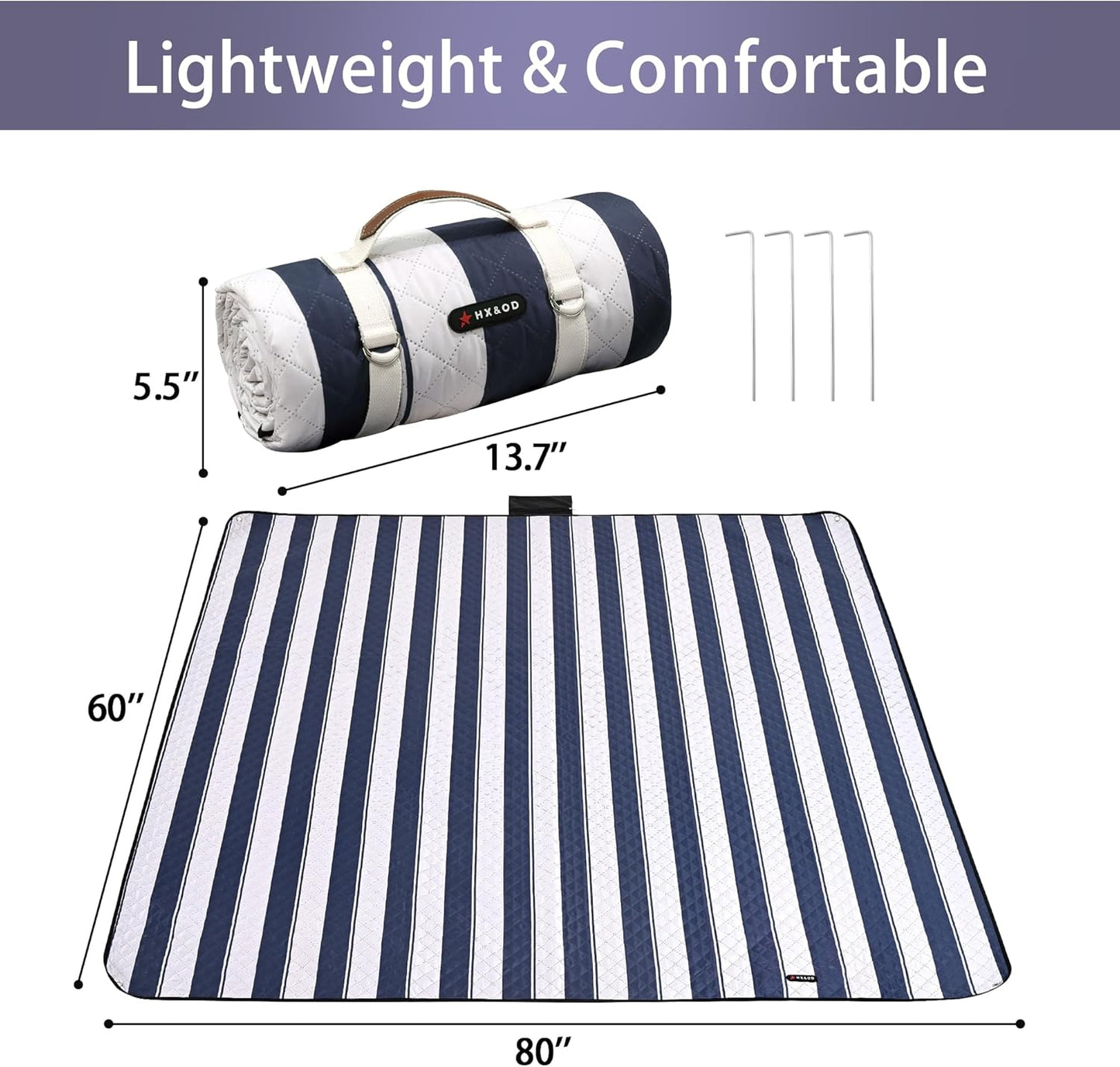 HX&OD Outdoor Picnic Blanket Extra Large, 80''*60'' Waterproof Picnic Mat with Stakes Foldable Camping Blanket Portable with Carry Strap for Beach Mat (Green& White, 80''*60'')