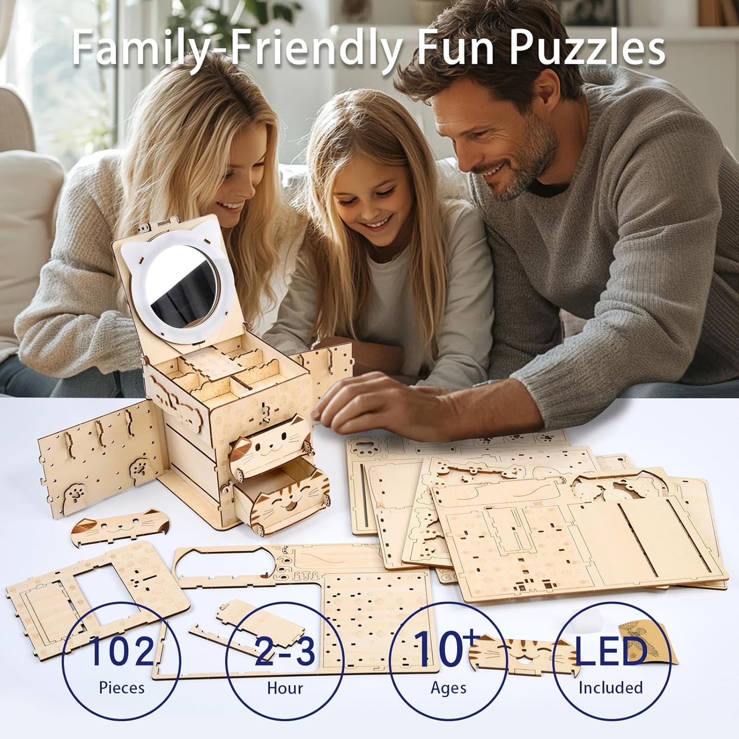 3D Wooden Puzzles for Adults: DIY Jewelry Box with Mirror, Cat Model Craft Kit, Creative Gift for Women Men Birthday Christmas Home Decor and Storage