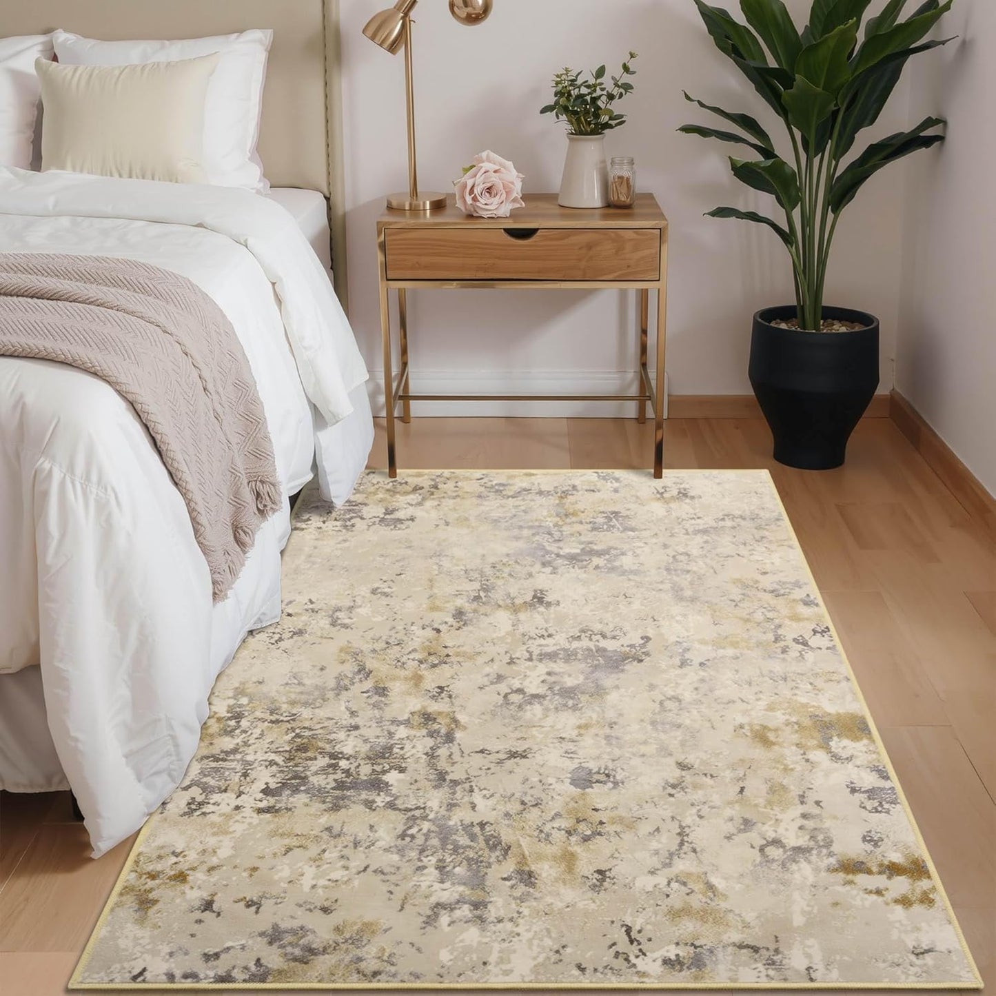 Area Rug 4x6 Washable Beige Rug for Bedroom, Abstract Modern Living Room Rugs Non Slip Low Pile, Carpet for Kitchen, Nursery, Kids Room, Office