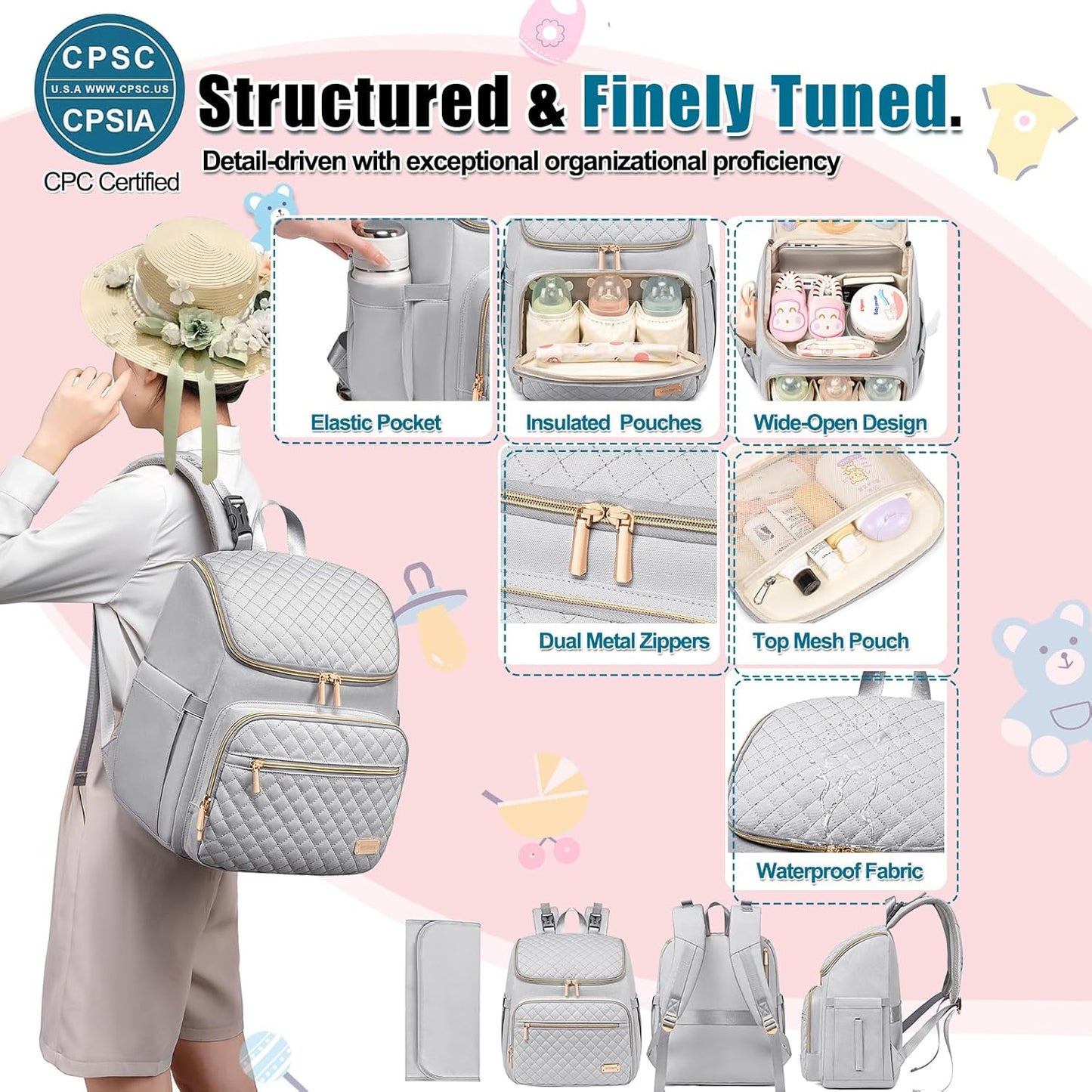 Weitars Diaper Bag Backpack Large Baby Diaper Bag with Changing Pad Travel Diaper Backpack,Baby Bag for Boys Girls,Stroller Straps,5 Insulated Pockets (Gray)