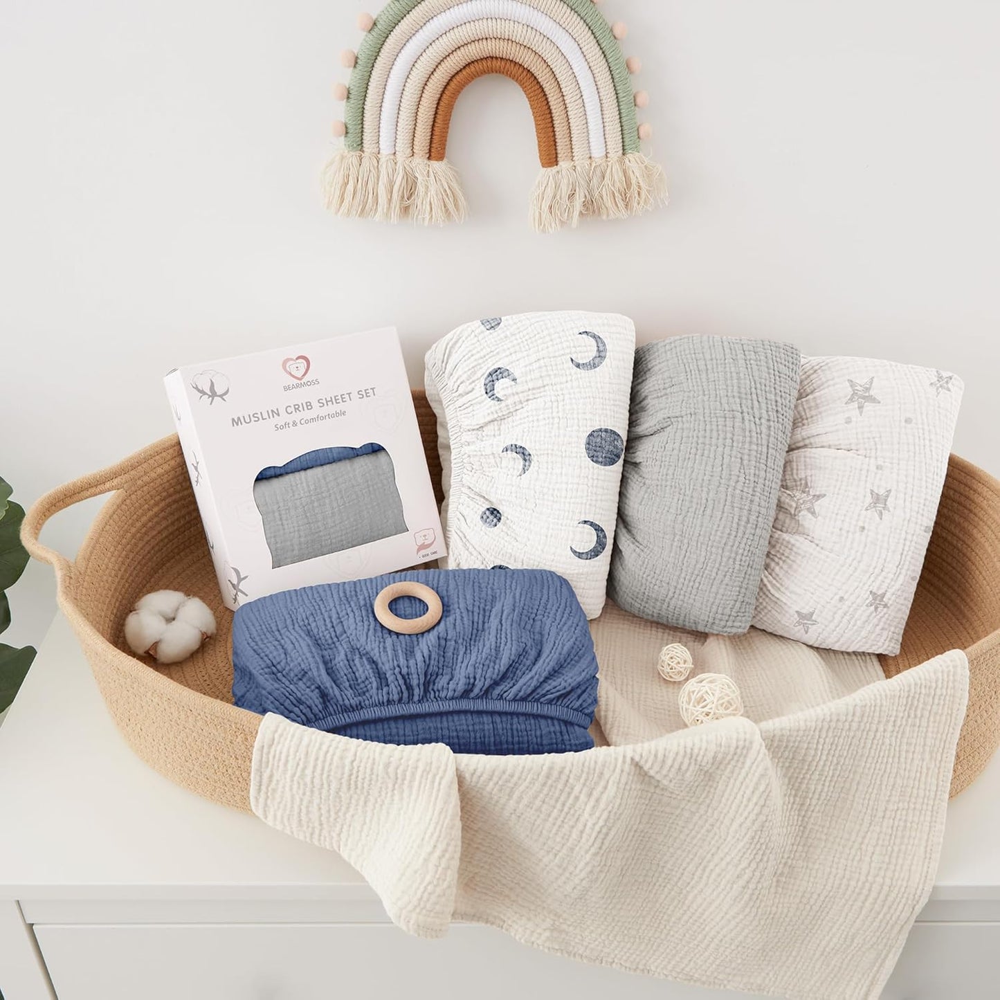 Bearmoss Muslin Crib Sheets 100% Cotton Baby Crib Sheets Fitted for Standard Crib Mattress & Toddler Bed Mattress 52"x28" Soft Breathable Crib Sheet Neutral for Boys Girls - 2 Pack (Blue Elephant)