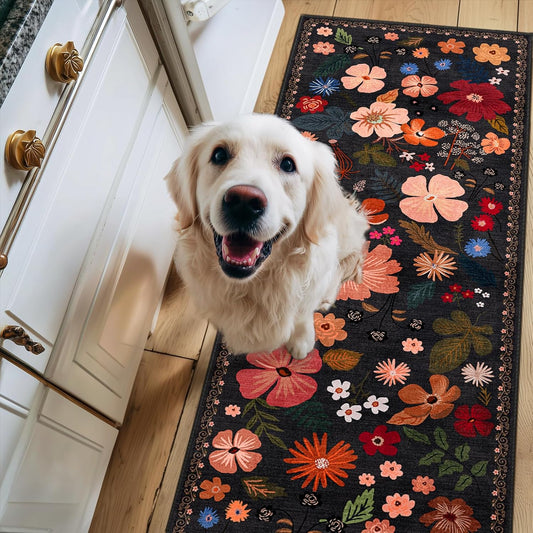 2x6 Rug Runners for Hallways Non Slip Washable Runner Rug with Rubber Backing Sound Absorbing Vintage Boho Floral Low Pile Thin Rug for Kitchen Bedroom Entrance Laundry Bathroom Living Room,Black