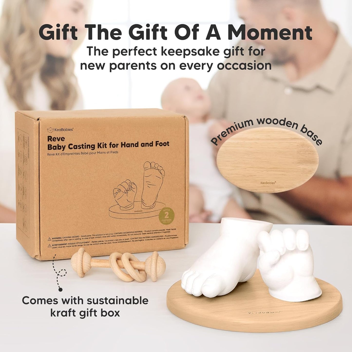 KeaBabies Baby Casting Kit Hands and Feet Mold - 3D Newborn Hand Casting Kit & Stylish Wood Base, Easy DIY Infant Foot Molds 0-9 Months, BPA-Free Baby Keepsake, Shower Gifts for Moms (Oval, Ash Wood)