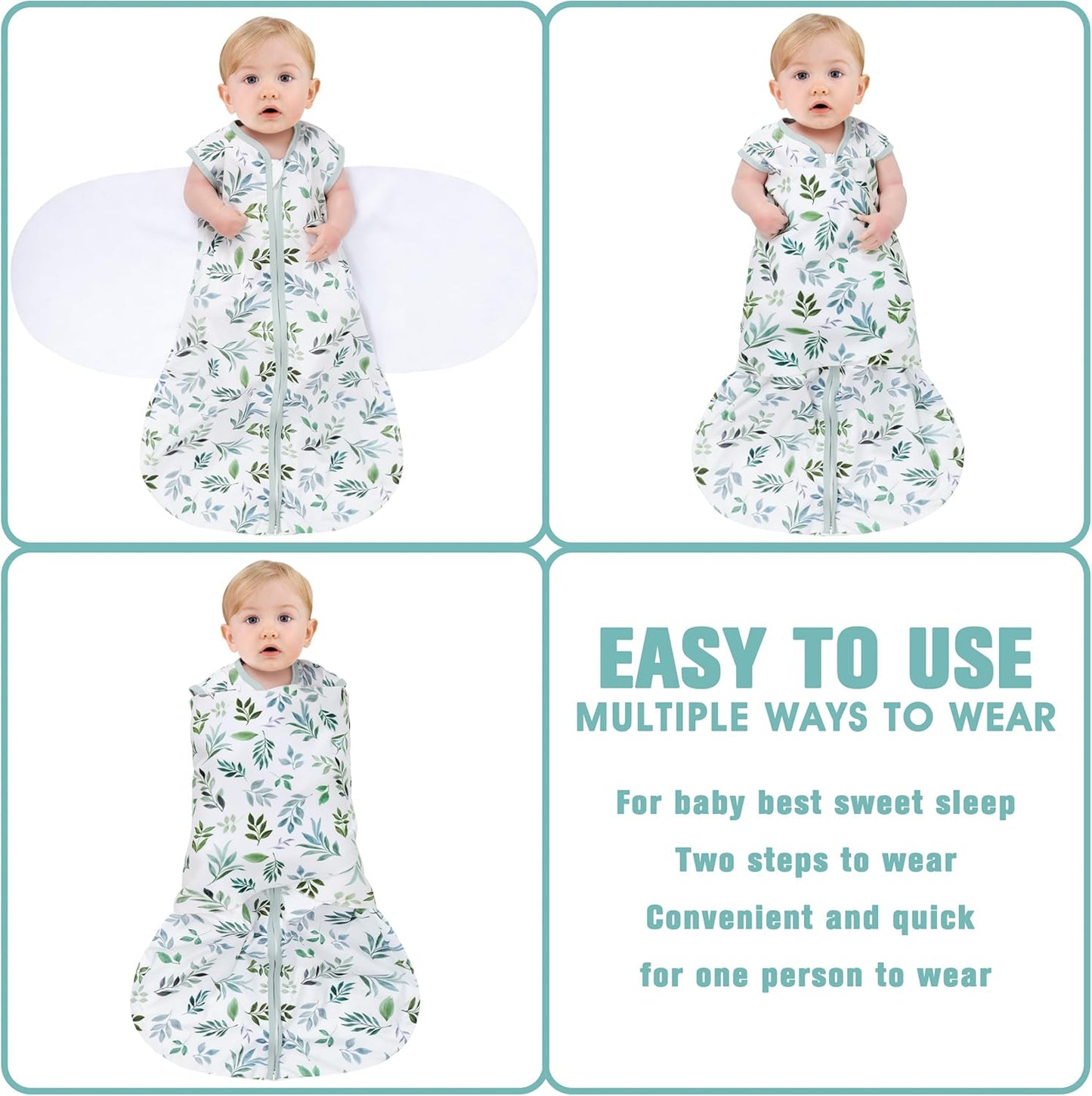 Newborn Sleep Sack Baby Swaddle,Swaddle me 3-6 Month,3-Way Adjustable Wearable Blanket,100% Rayon Cotton Swaddling Sleeping Bag，TOG 0.5 (Leaf, 3-6 Months)