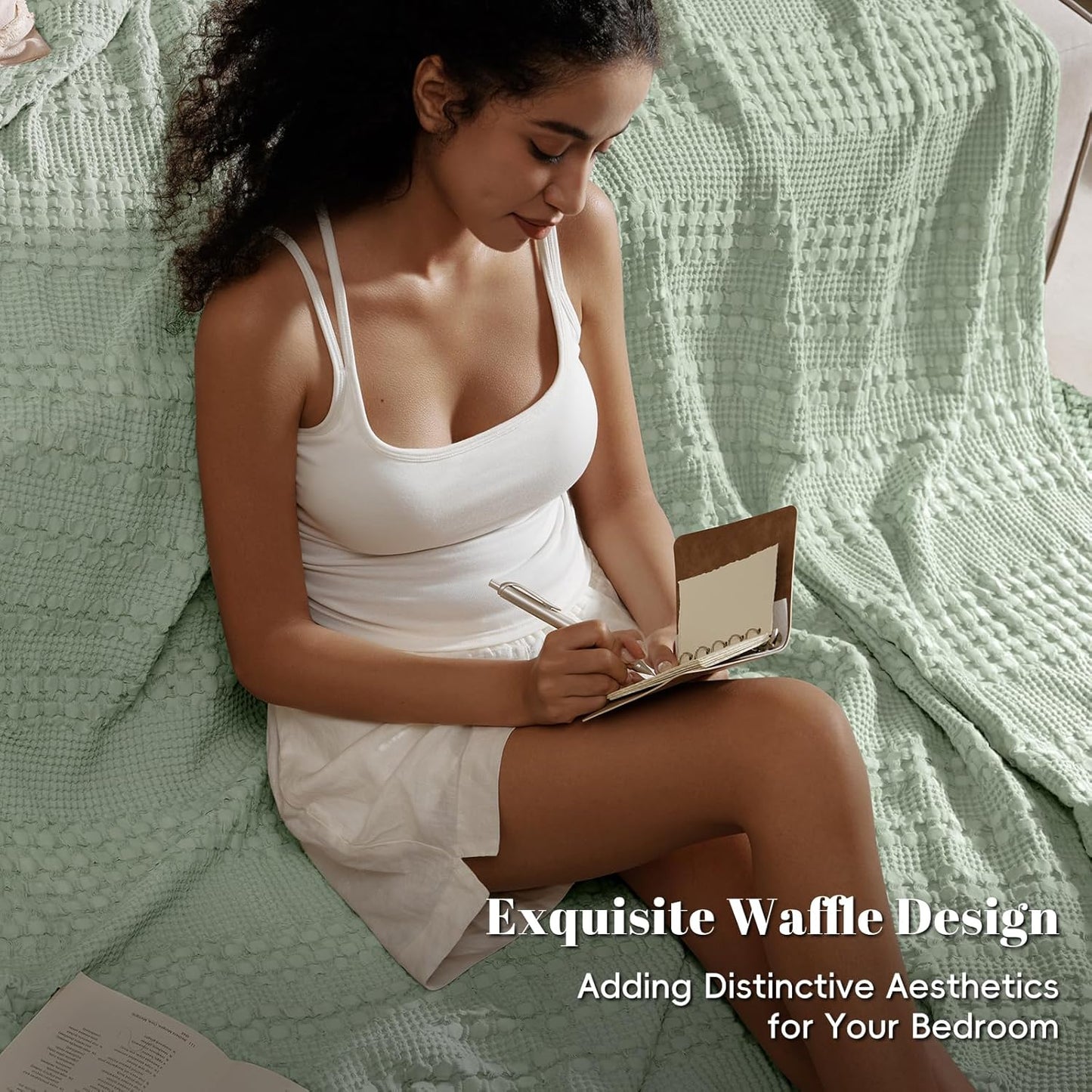 PHF 100% Cotton Waffle Weave Blanket King Size, Soft Lightweight Breathable Cozy Summer Blankets for Bed, Luxury Aesthetic Woven Bedding for Home Decor, 108"x90", Sage Green
