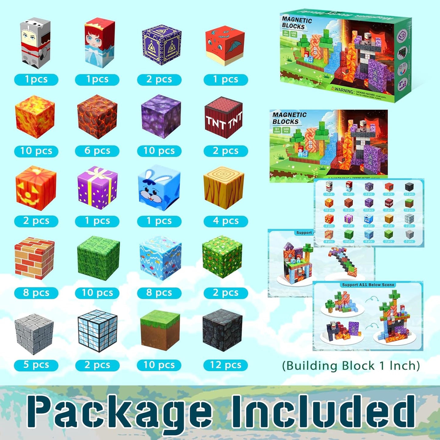 100PCS Magnetic Blocks-1inch -Adventure at Lava World Blocks Set - Magnetic Cubes Building Blocks Toys for Halloween Christmas Birthday Gift - STEM Sensory Toys for 3+ Years Old Girl Boys