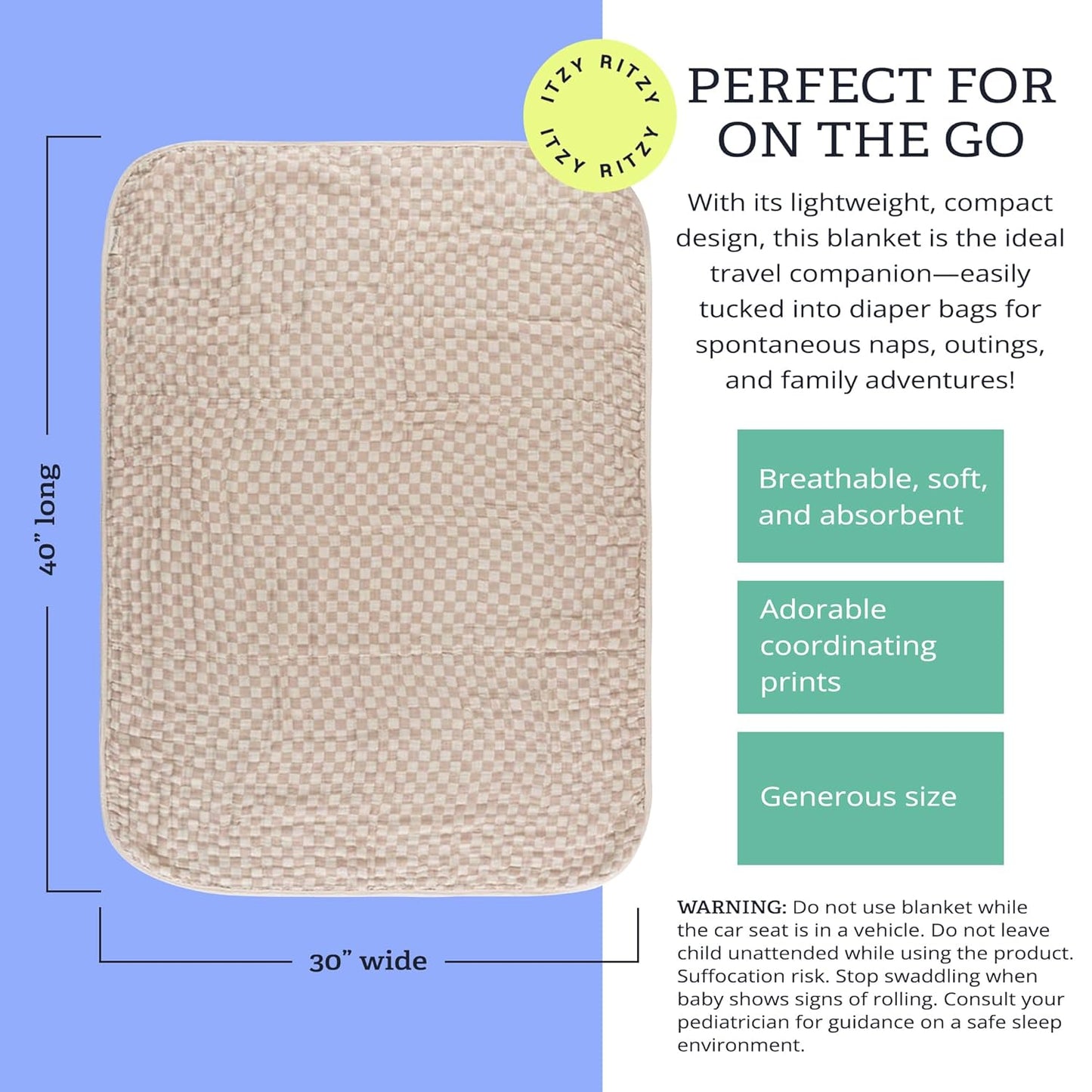 Itzy Ritzy Baby Blanket – Soft Cotton Muslin Multi-Use Blanket - Can Be Used as a Tummy Time Mat, Nursing Cover, Stroller Shade & More – Measures 30" x 40", Machine Washable (Checkerboard)