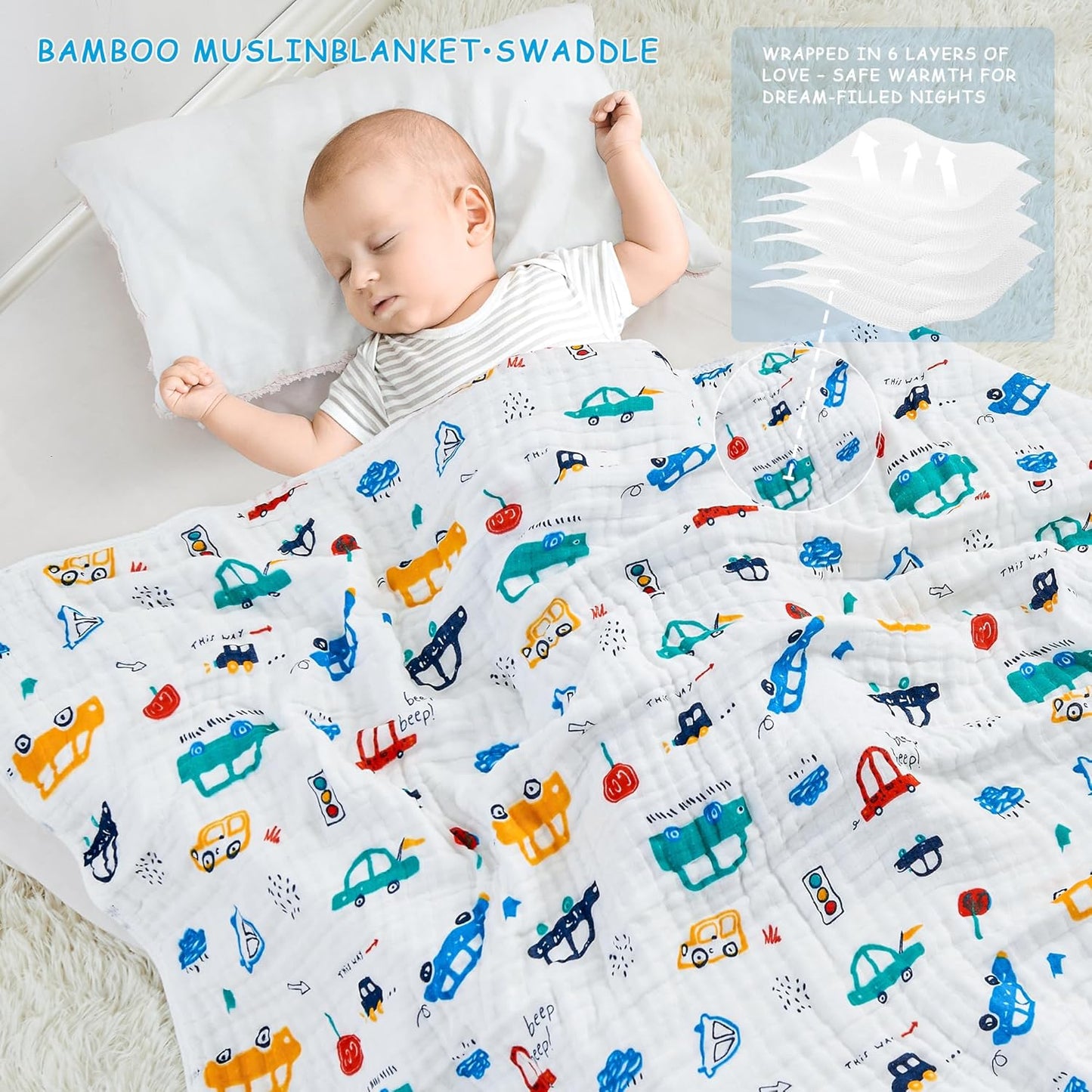 Luxury Muslin Baby Blanket, Cozy Swaddle, 6-Layer Cotton Receiving Blanket for Newborn Infant, 59x43 Inch Lightweight Breathable Crib Blanket, Nursery Stroller Toddler Quilt, Car Family