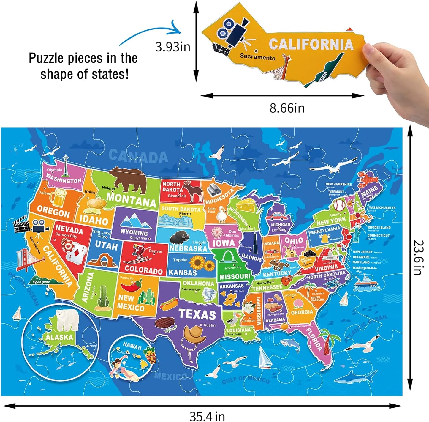 Jumbo Floor Puzzle for Kids,USA Map Puzzle Jigsaw Geography Puzzles,70 Piece US Map 50 States with Capitals,United States Puzzle for Ages 3-5,Preschool Learning Toys Gift for 4-8 Years Old