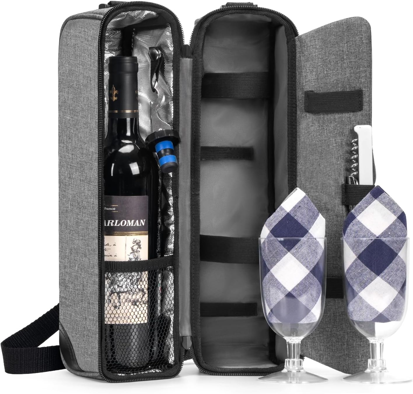 ALLCAMP Wine Bag - Insulated Cooler Bag with Wine Glasses, Bottle Opener & Wine Accessories for Wine Lovers - Portable Wine Gift Bag for Travel, Picnics, and Gift Ideas(Gray)
