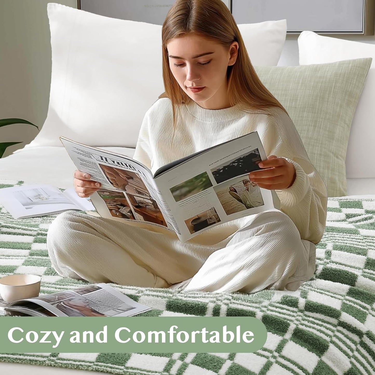 WRENSONGE Checkered Throw Blanket, Olive Green Soft Cozy Fluffy Warm Hand Made Throw Blankets for Couch, Sofa, Chair, Bed, Camping, Picnic, Travel Lightweight Bed Blanket - 50"*60"