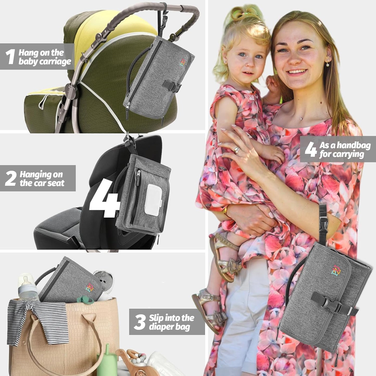 PZU Portable Diaper Changing Pad - Changing Pad Portable with Wipes Pocket, Waterproof Diaper Changing Mat, Portable Changing Pad for Baby, Newborn Gift（Grey）