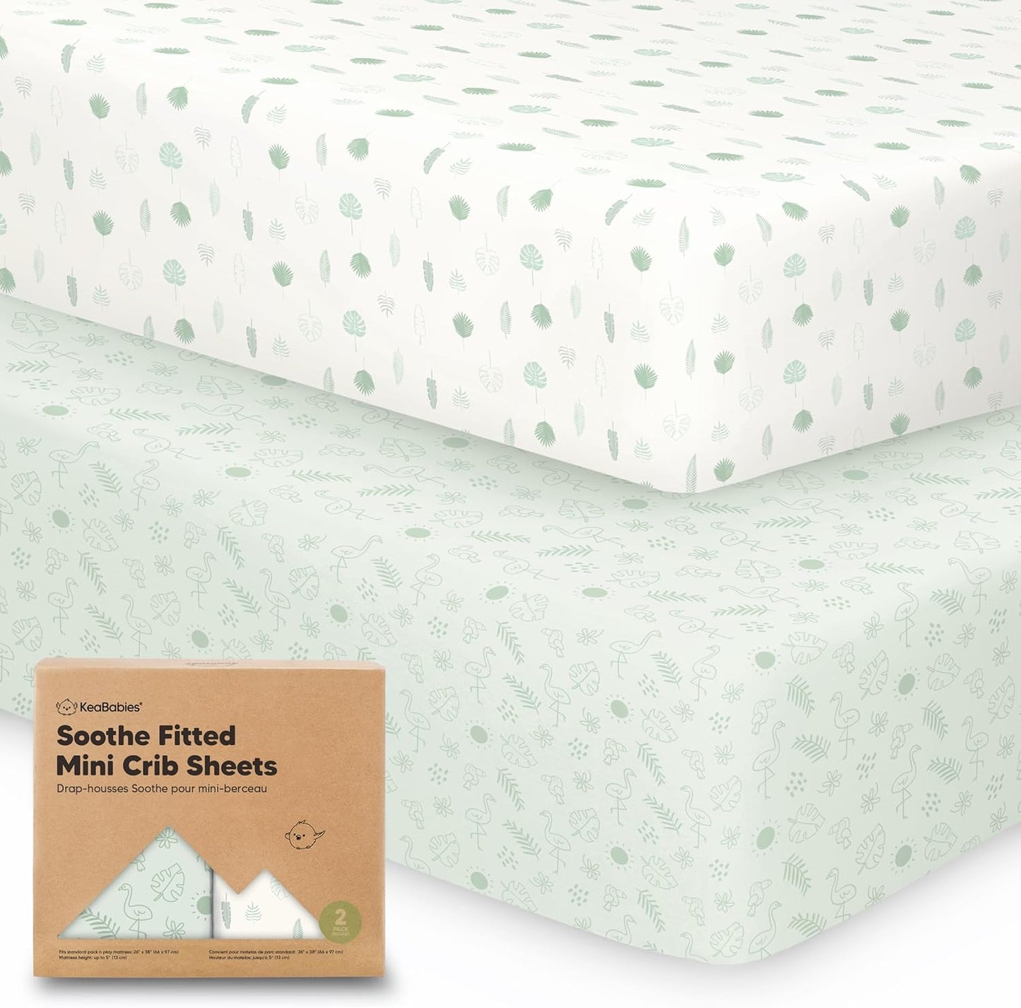 2-Pack Mini Crib Sheets Fitted - 38x26 Pack N Play Sheets for Pack and Play Mattress, Organic Cotton, Soft & Breathable Playard Bedding, Neutral Mini Toddler Bed Cover for Boys, Girls (Tropic Oasis)