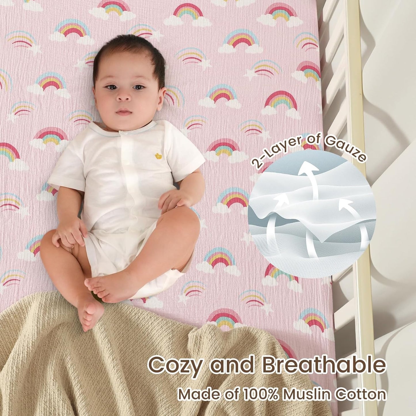 david's kids Muslin Crib Sheets for Boys Girls, 2 Pack 100% Cotton Soft Breathable Fitted Baby Sheet Set, 28x52 Inch Fits Standard Crib and Toddler Mattresses, Rainbow