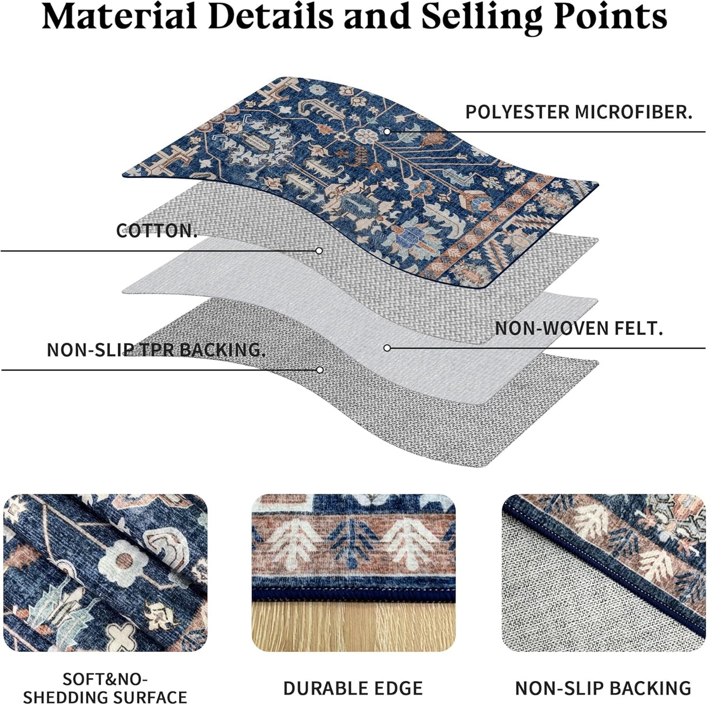 10x14 Area Rug Washable: Oriental Soft Area Rug for Living Room Bedroom No Shedding - Low Pile Thin Carpet Rug for Dining Room Non Slip - Boho Vintage Rug for Home Decor - Navy Blue