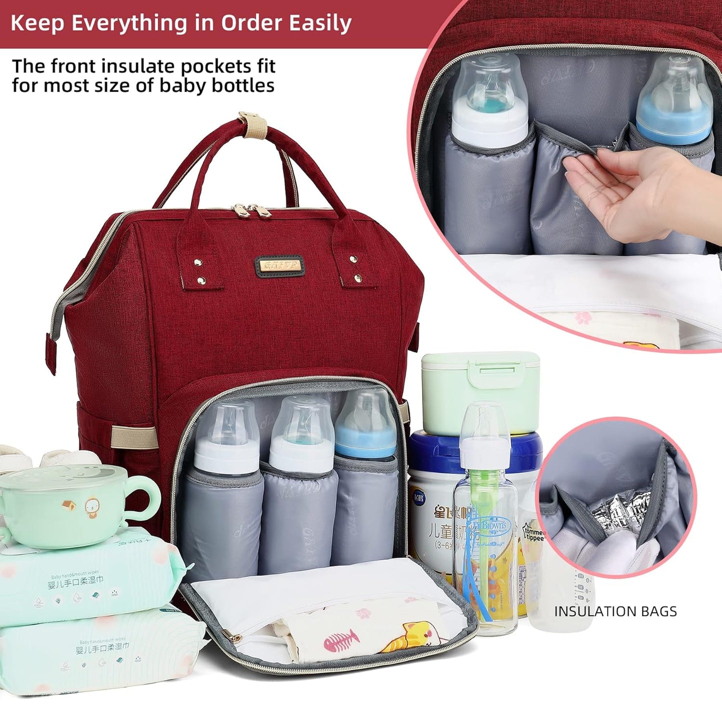 Diaper Bag Backpack, Diaper Bags for Baby Girls Boys, Baby Bags for Moms Dads, Nappy Changing Bag with Insulated Pockets,Multi-functional Waterproof Backpack with Stroller straps-Red