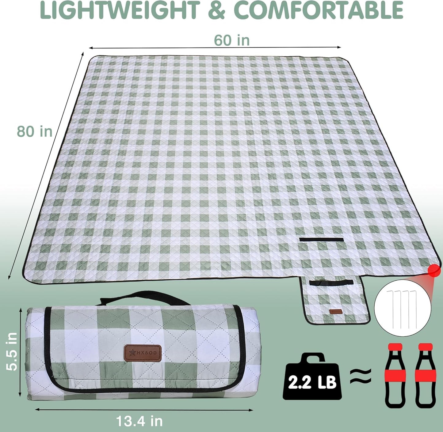 HX&OD Outdoor Picnic Blanket, Extra Large, 80''x60'' Waterproof Foldable Blankets Gingham Picnic Mat for Beach, Camping Grass Lawn Park Accessories Cute Couple Ideas Wedding (Green, 80”x60”)