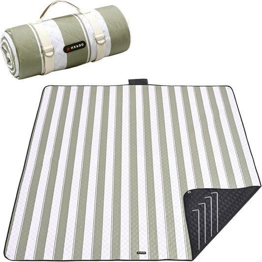 HX&OD Outdoor Picnic Blanket Extra Large, 80''*60'' Waterproof Picnic Mat with Stakes Foldable Camping Blanket Portable with Carry Strap for Beach Mat (Green& White, 80''*60'')