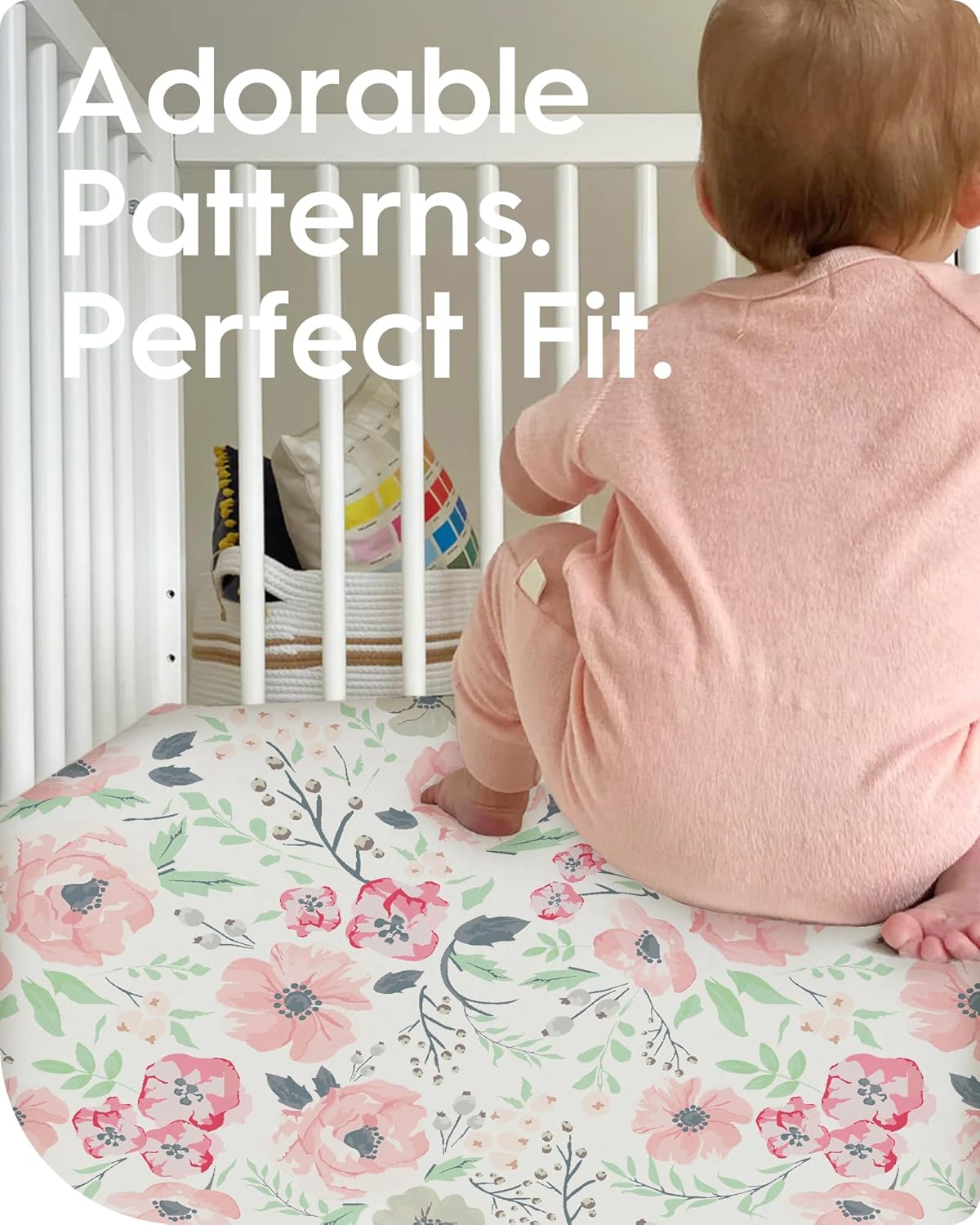 Baby Crib Sheets Girl, TotBasic Premium Soft Crib Mattress Sheet, Ultra Breathable Floral Crib Sheet Fitted, Super Stretchy Jersey Cotton Crib 28" x52‘’x9'' Extra Deep Pocket