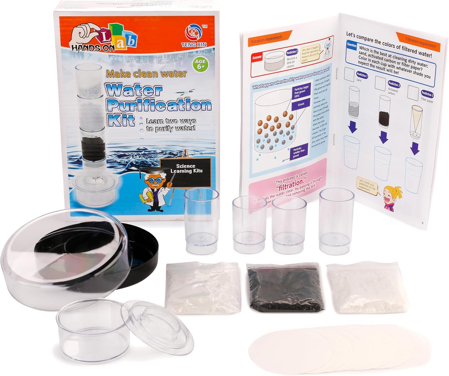 AMSCOPE-Kids 120X-1200X White Metal Arm Starter Kids Student Microscope Kit with Water Purification Activity Kit and Experiment Cards - M30-ABS-KT2-W-KVB1