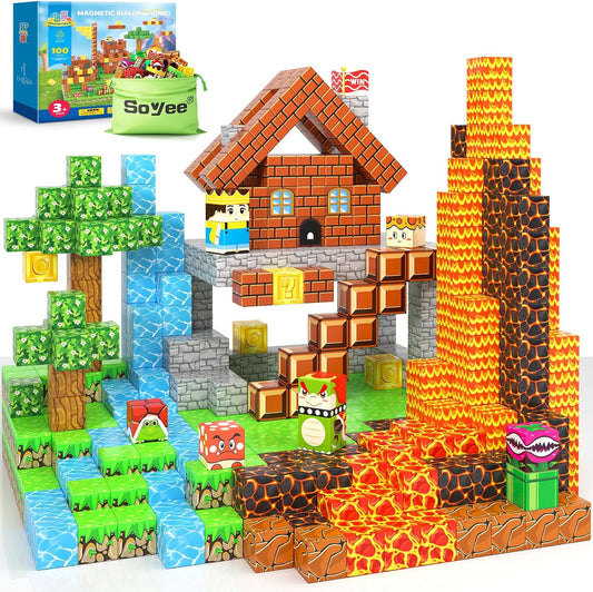 100pcs Magnetic Blocks - Build Mine Magnet World Game Adventure Set STEM Building Toys for Kids 3+ Years Old 1” Magnetic Cubes for Boys Toddler Boy Gifts Toys for Ages 3-5 5-7 8-12