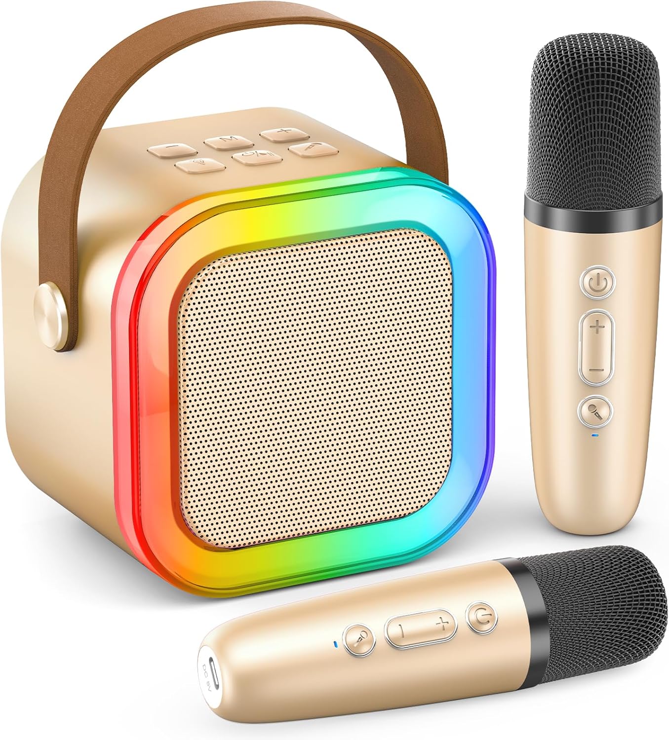 Karaoke Machine for Kids Adults, Portable Bluetooth Mini Karaoke Microphone Singing Speaker Karaoke Player with 2 Wireless Mic, for All Smartphones,Birthday, Family,Home Party (Gold)