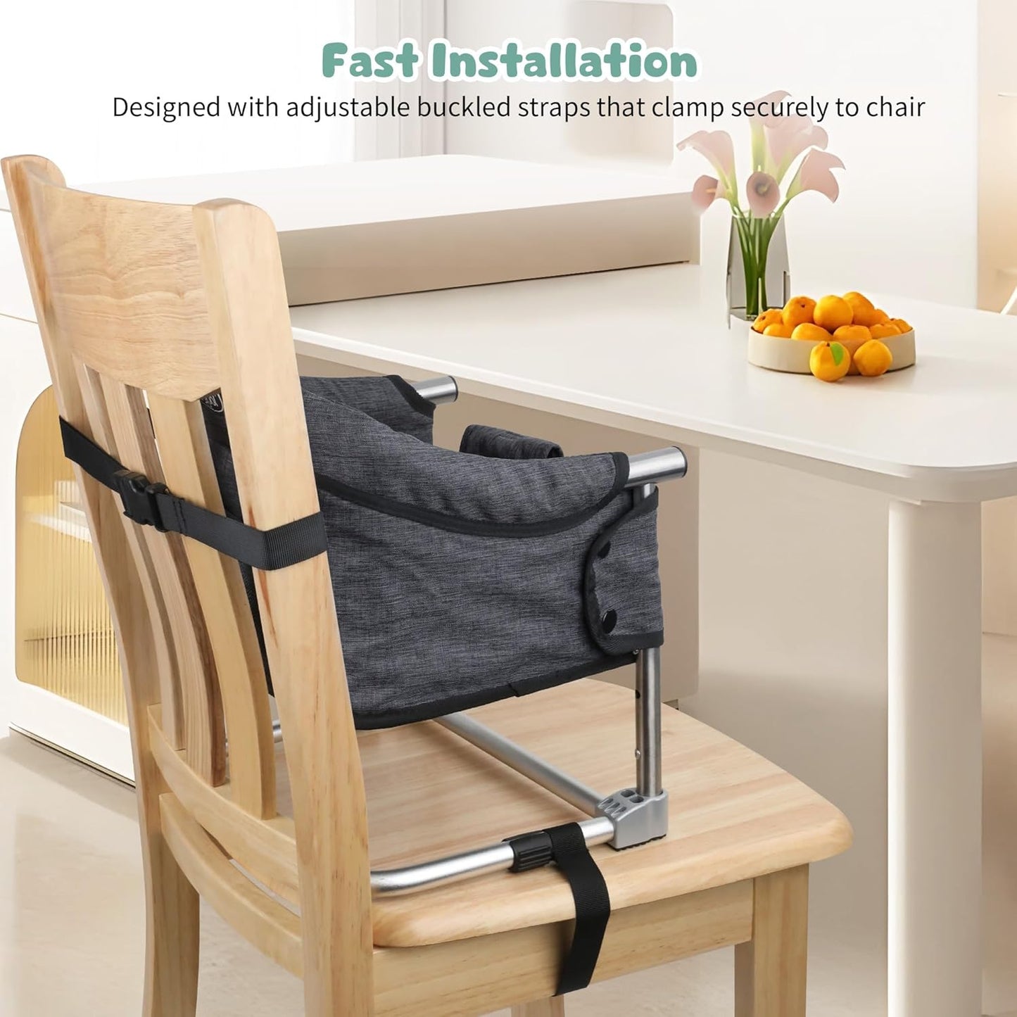 Booster Seat for Dining Table: Portable Toddler Booster Chair with Safety Buckle and Height Adjustable, Foldable Baby Feeding Chair, Kids High Chair Booster Seat for Kitchen Home Travel - Black