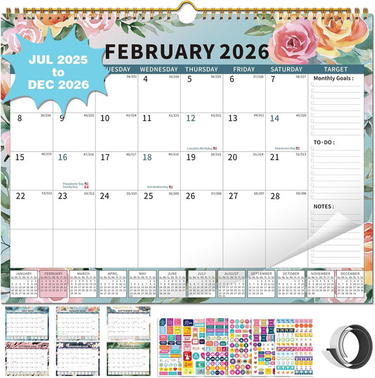 2025-2026Calendar, 18 Month Wall Calendar 2025-2026 Hanging Spiral Bound Magnetic Fridge Desk Calendars 15" x 12", Jul 2025 - Dec 2026, A- Small Rainbow