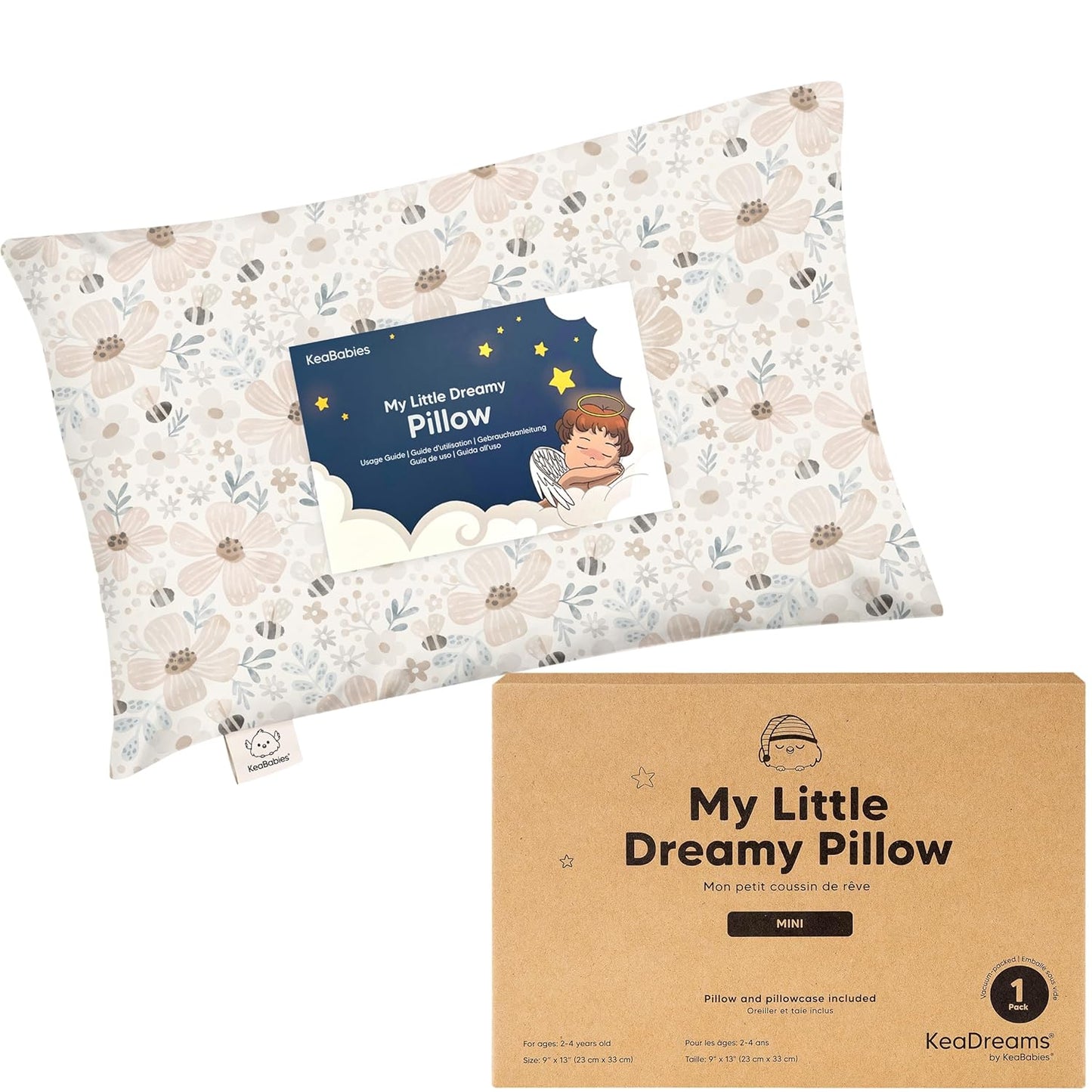 Mini Toddler Pillow with Pillowcase - 9x13 My Little Dreamy Travel Kids Pillow for Sleeping, Toddler Bed, Small, Tiny, Organic Cotton Pillowcase, Soft & Breathable, Kids 2-4 Years Old (Flora Vale)