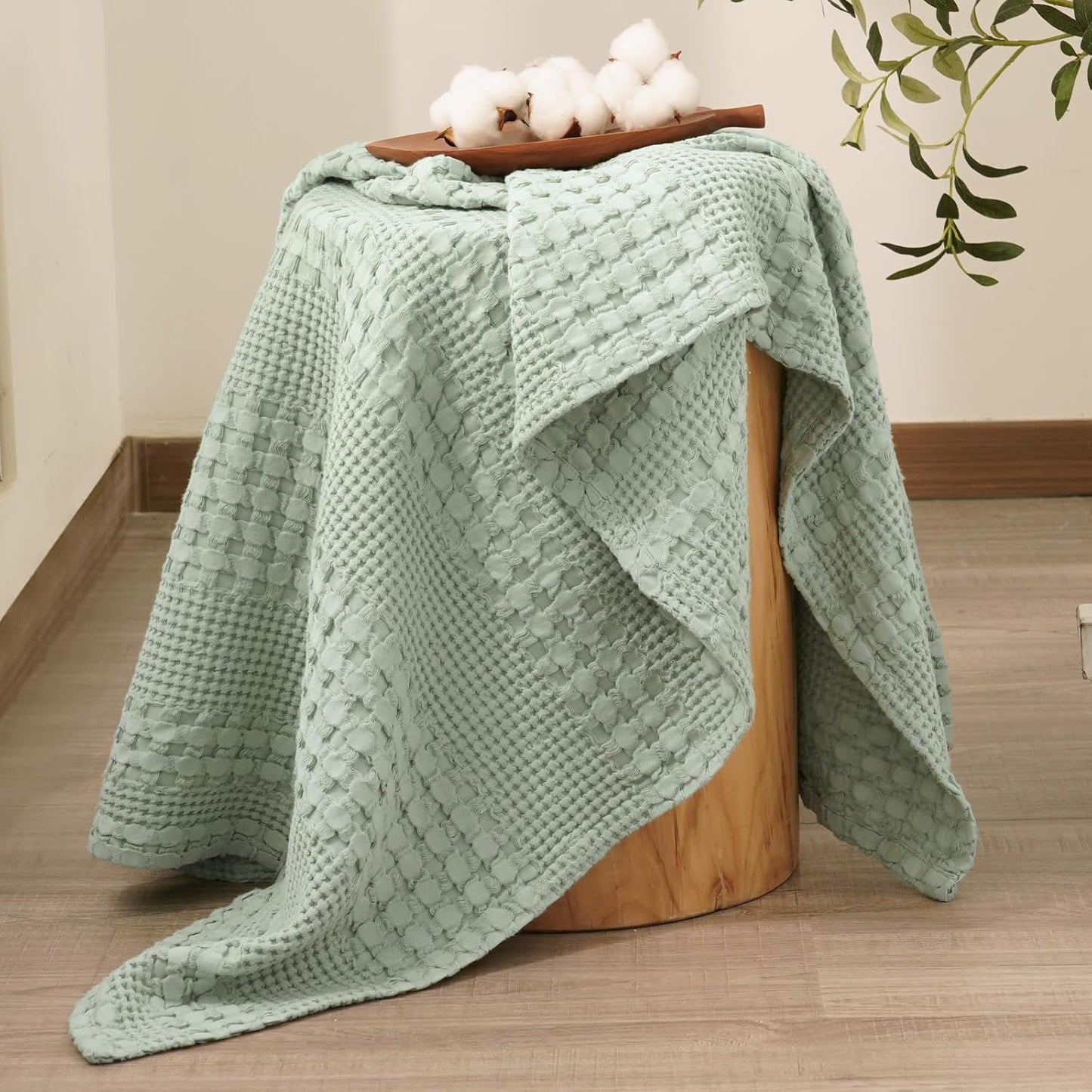 PHF 100% Cotton Waffle Weave Throw Blanket, Soft Lightweight Breathable Cozy Summer Throws for Couch Bed Sofa, Luxury Aesthetic Woven Blanket for Home Decor & Office, 50"x60", Sage Green