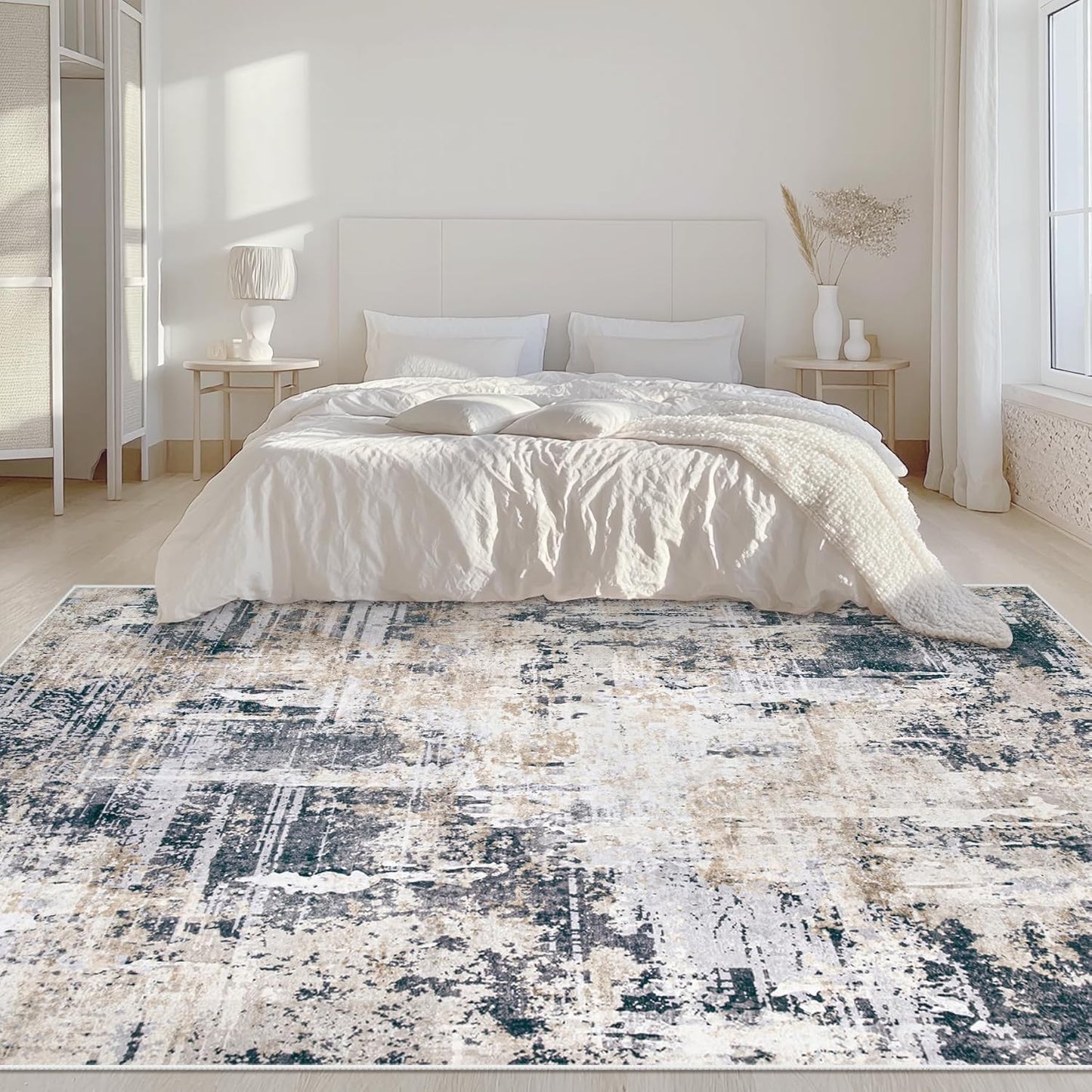 Area Rugs 6x9 Living Room: Washable Rug Modern Abstract Large Rugs Soft Non Slip Neutral Rug Stain Resistant Indoor Carpet for Bedroom Kitchen Dining Room Nursery Home Office Rugs(Black Brown,6'x9')