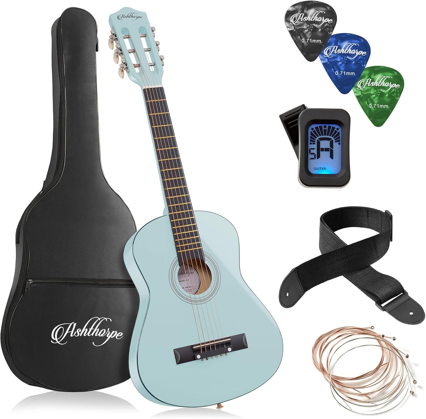 Ashthorpe 30-inch Beginner Acoustic Guitar Package (Light Blue), Basic Starter Kit w/Gig Bag, Strings, Strap, Tuner, Picks