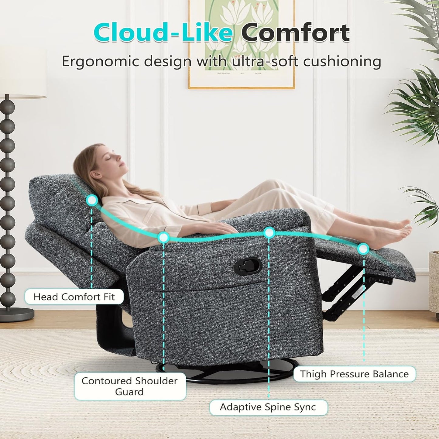 ANJ Swivel Rocker Recliner Chair Nursery, Manual Fabric Small Rocking Recliner, Modern Rocking Reclining Chairs for Living Room, Bedroom, Small Space (Gray)