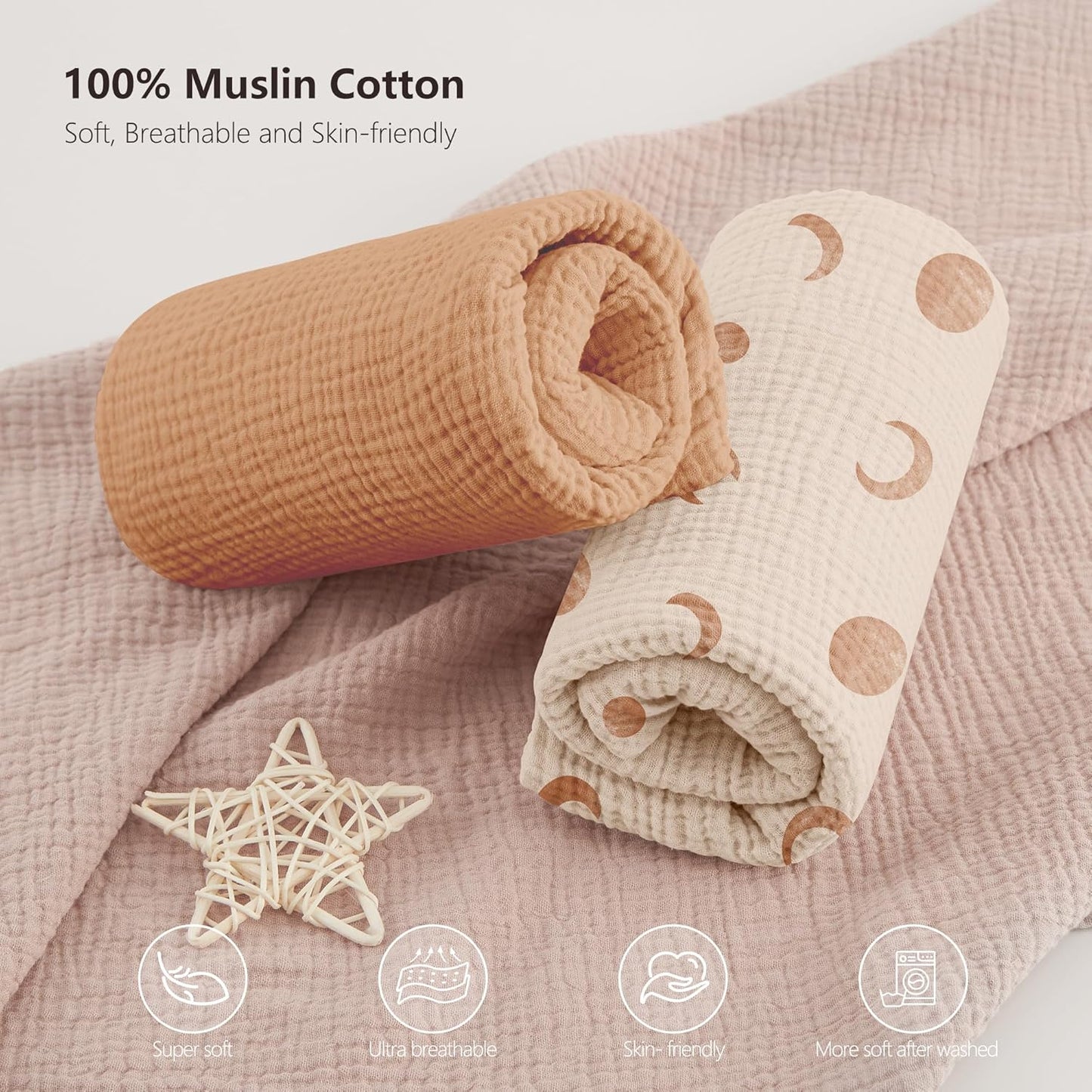 Bearmoss Muslin Crib Sheets 100% Cotton Baby Bed Sheets Soft&Breathable Nursery Sheet 52"x28" for Standard Crib Mattress&Toddler Bed Mattress - 2 Pack (Brown Moon)