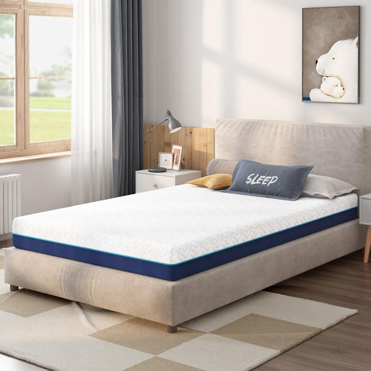 6 Inch Cooling Gel Memory Foam Twin Mattress for Kids,Mattress in a Box,Breathable Cover Gel-Infusion for Cooler Sleep,Healthy and Safe,39" X 75" X6" (White&Navy, Twin)