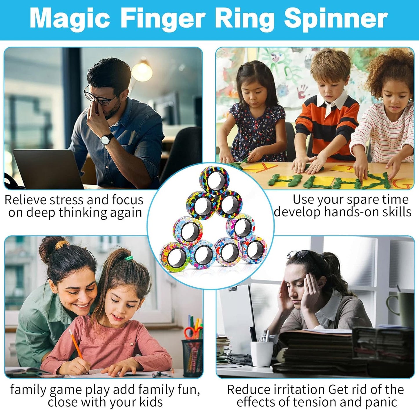 24Pcs Magnetic Rings Fidget Toys Spinner Set,Finger Magnet Rings Endless Hours of Fun ADHD Stress Relief Fidget Spinner for Relieve Anxiety Birthday for Adults Teens Kids