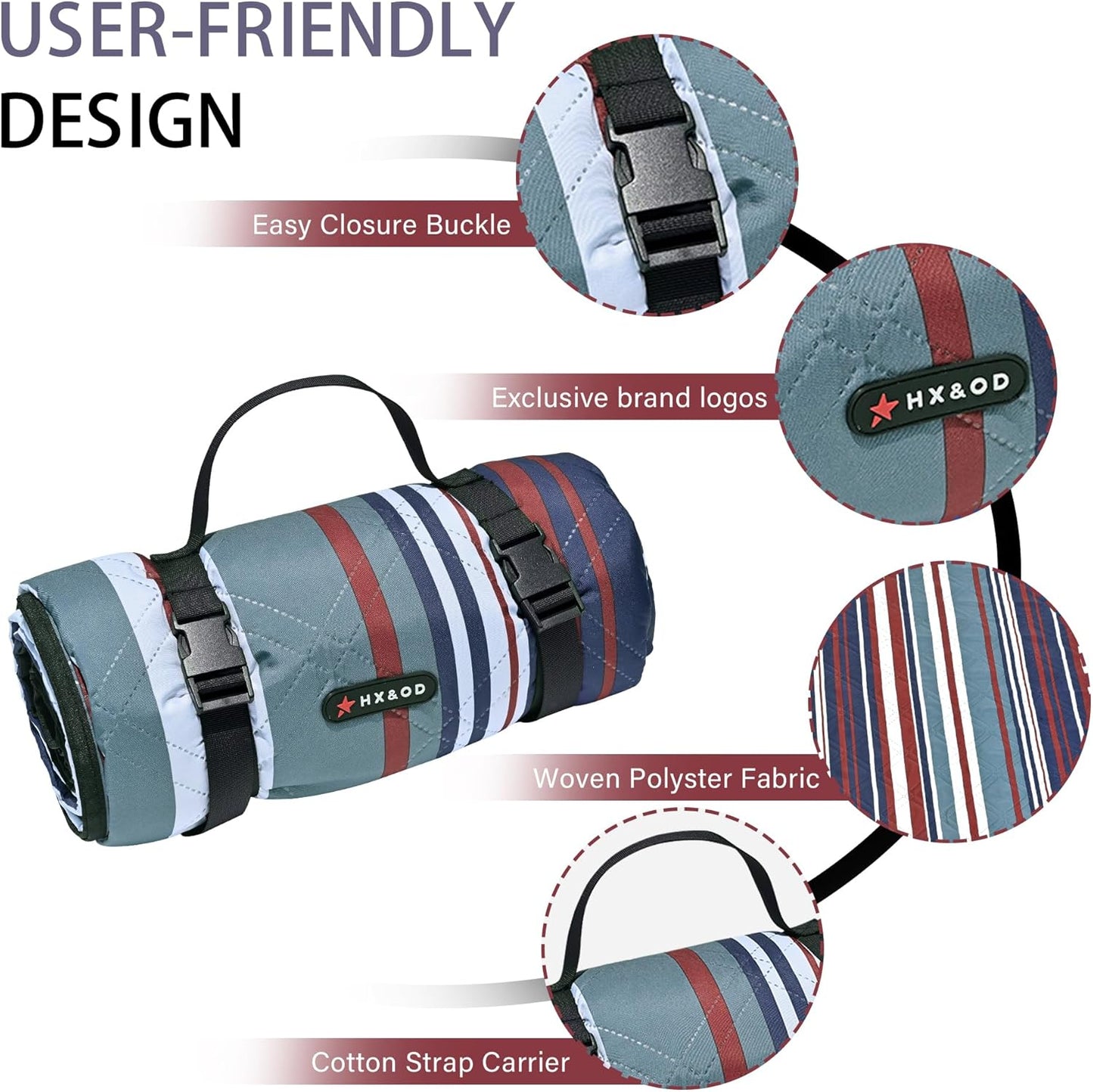 HX&OD Outdoor Picnic Blanket Extra Large, 80''*60'' Waterproof Picnic Mat with Stakes Foldable Camping Blanket Portable with Carry Strap for Beach Mat (Green& White, 80''*60'')