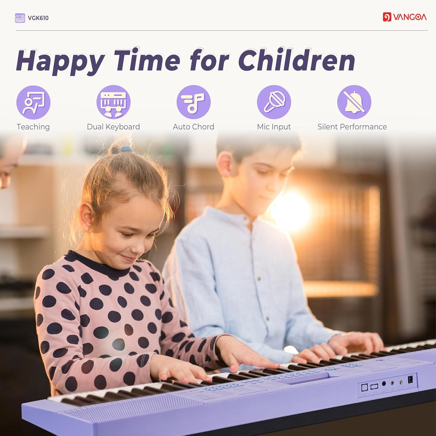 Vangoa VGK611 Piano Keyboard for Beginner, 61 Keys Electric Keyboard Piano Portable Music Keyboard with Mini Lighted Keys, Electronic Piano for Kids Boy Girl, Purple